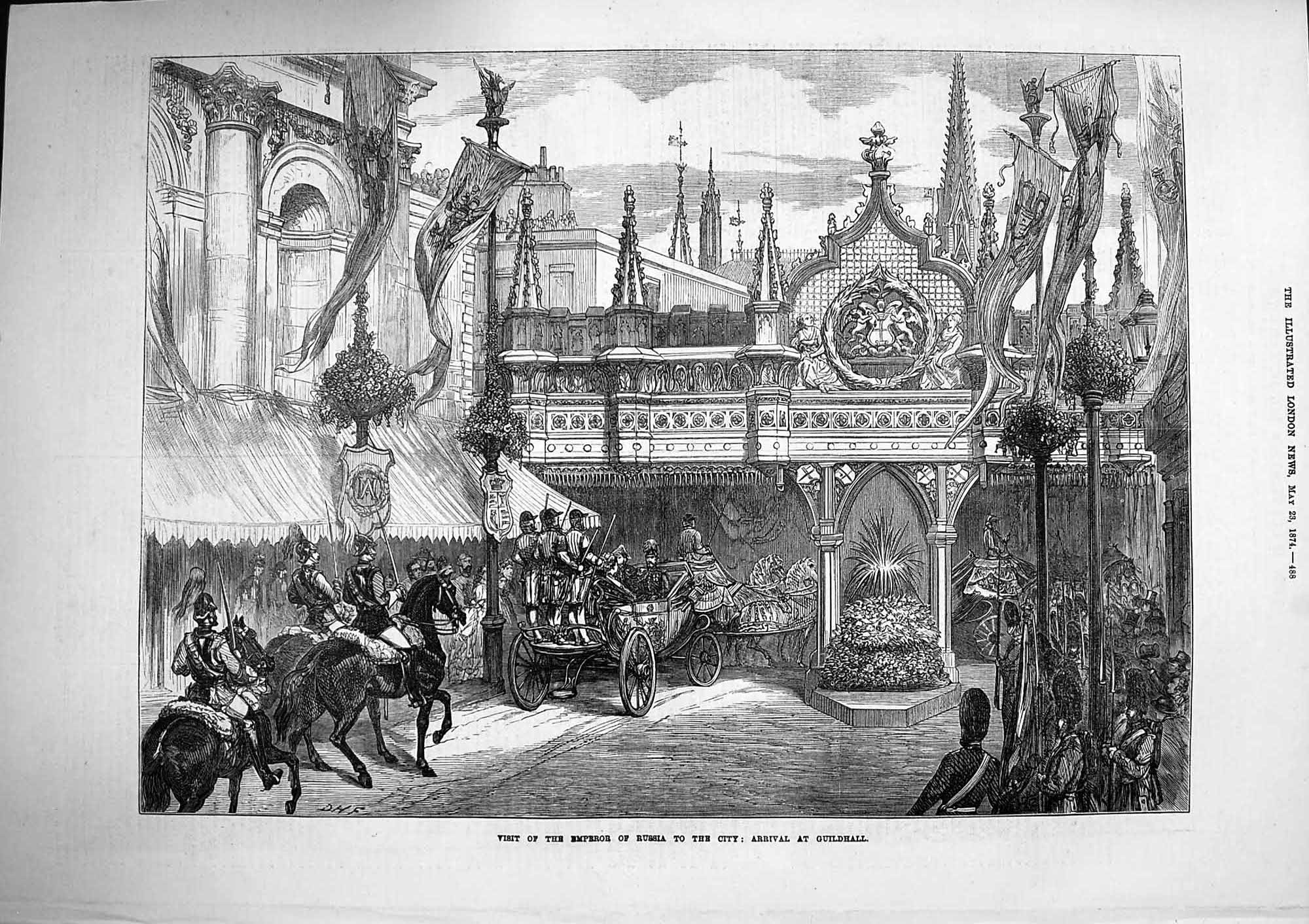 Original Old Antique Print 1874 Emperor Russia Crystal Palace Ashantee Trophies