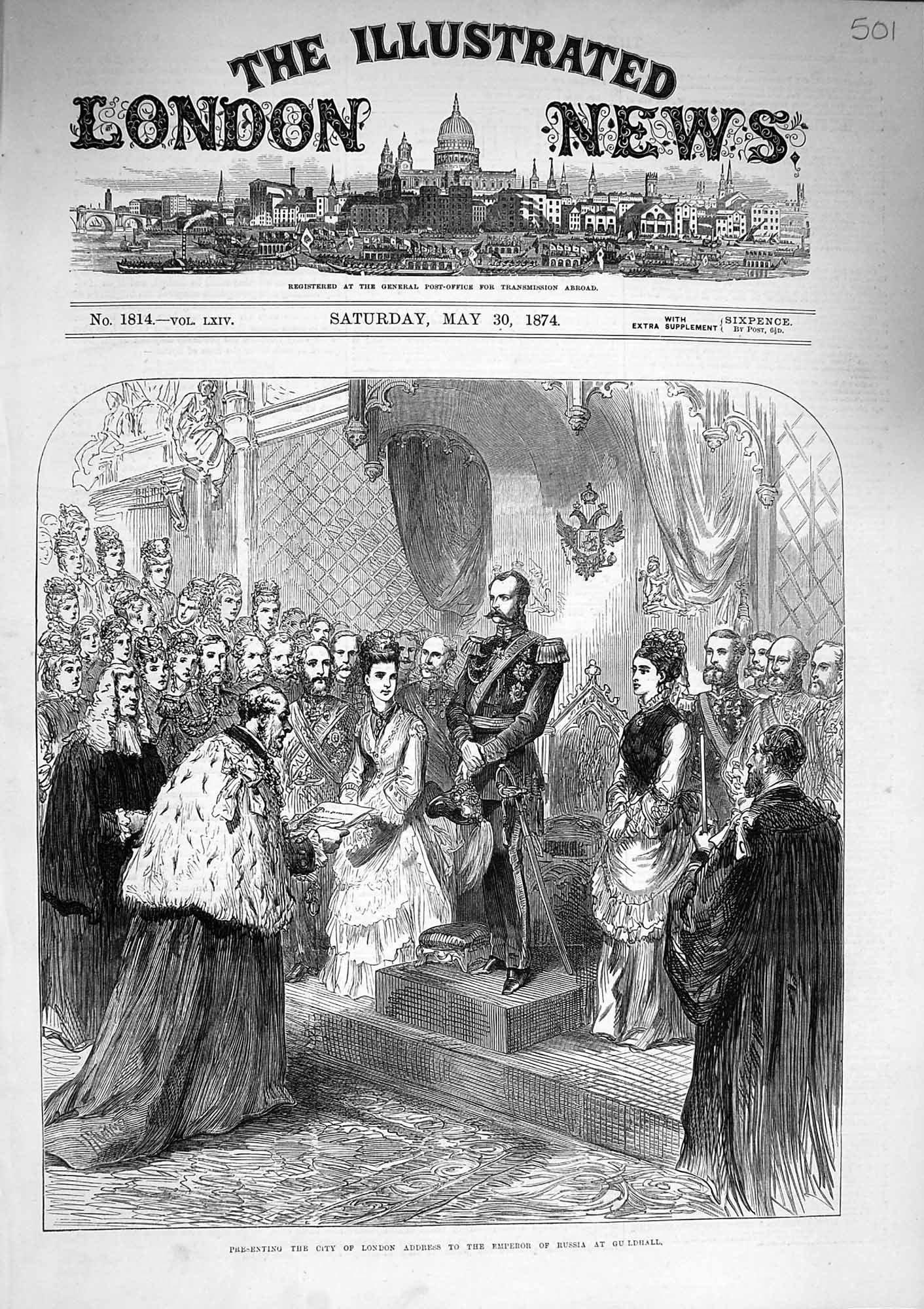 Original Old Antique Print 1874 City London Adress Emperor Russia Guildhall