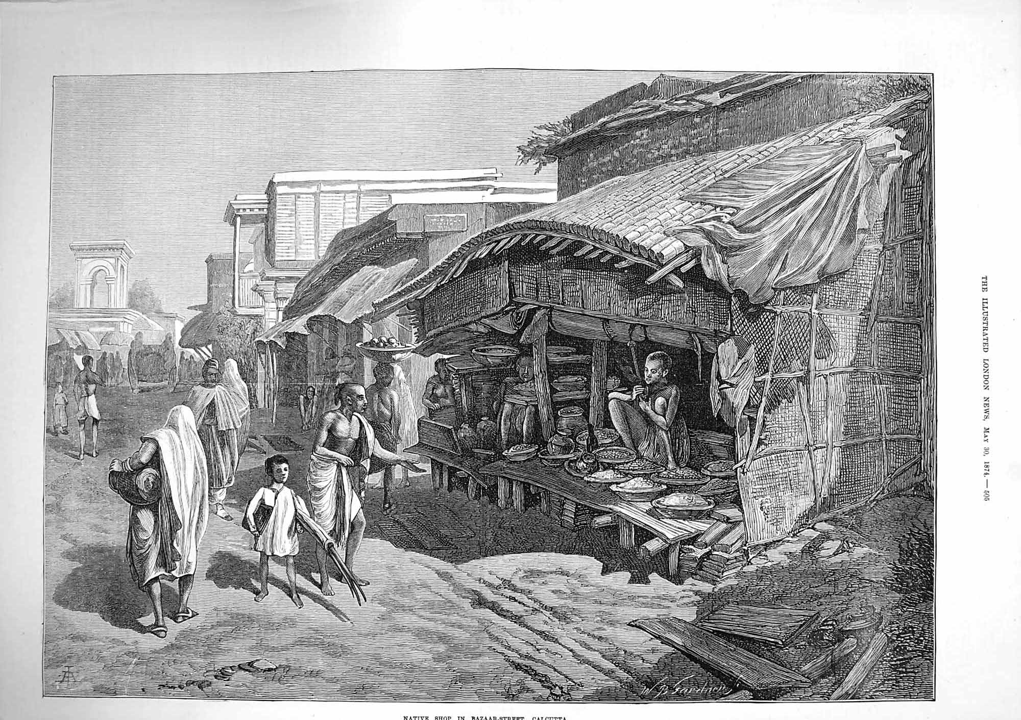 Old Antique Print 1874 Native Shop Bazaar Street Calcutta India Fine Art 19th