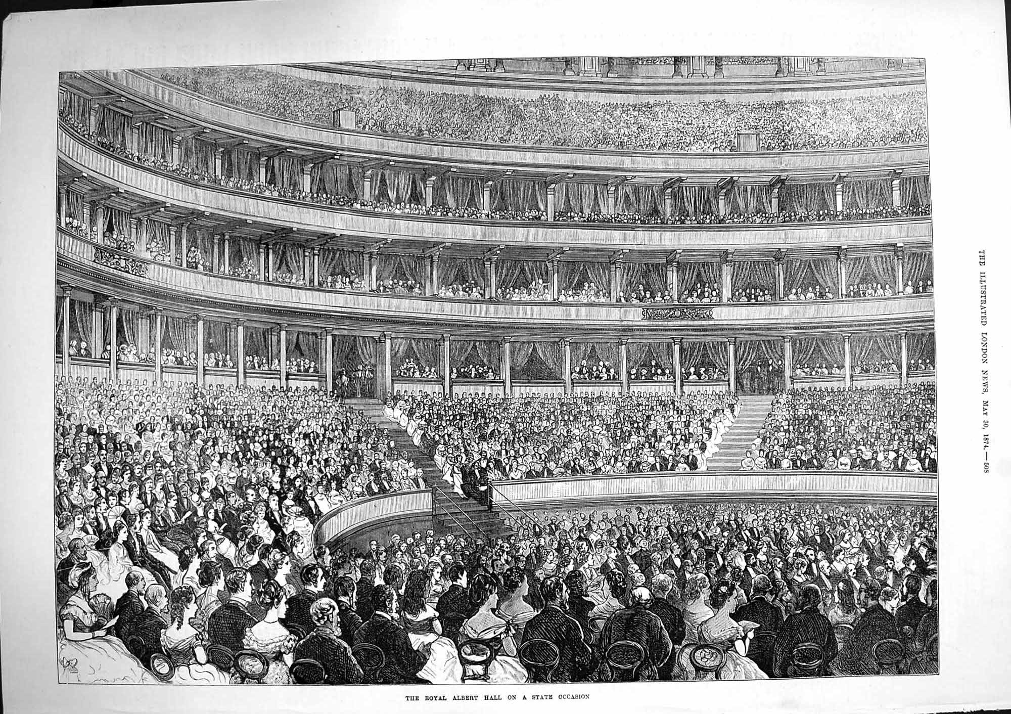 Old Antique Print 1874 Interior Royal Albert Hall State Occasion Audience 19th