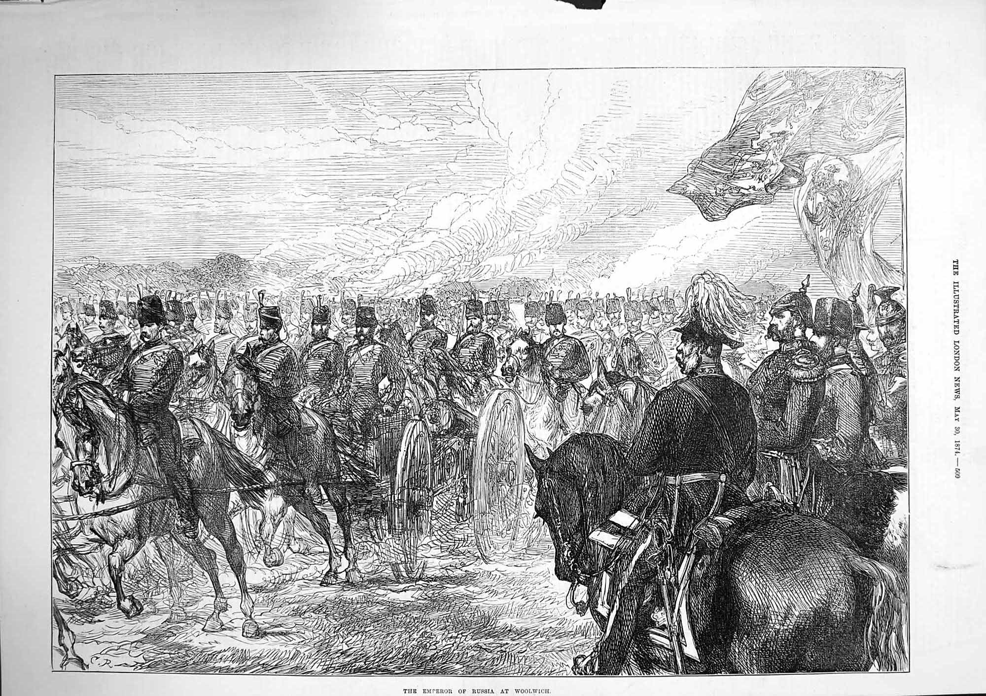 Original Old Antique Print 1874 Emperor Russia Woolwich Siers Horses War 19th