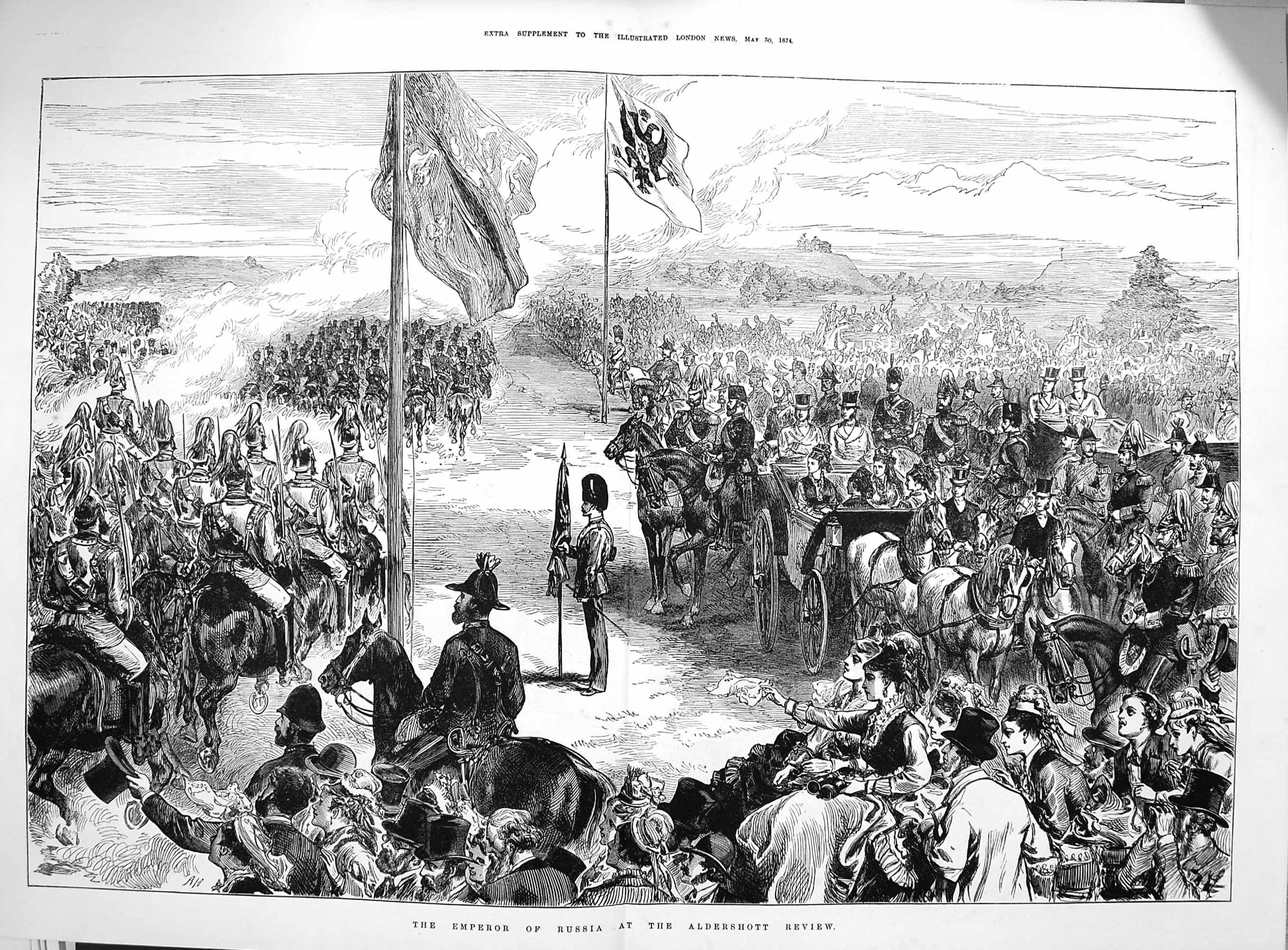Original Old Antique Print 1874 Emperor Russia Aldershott Review Siers Horses