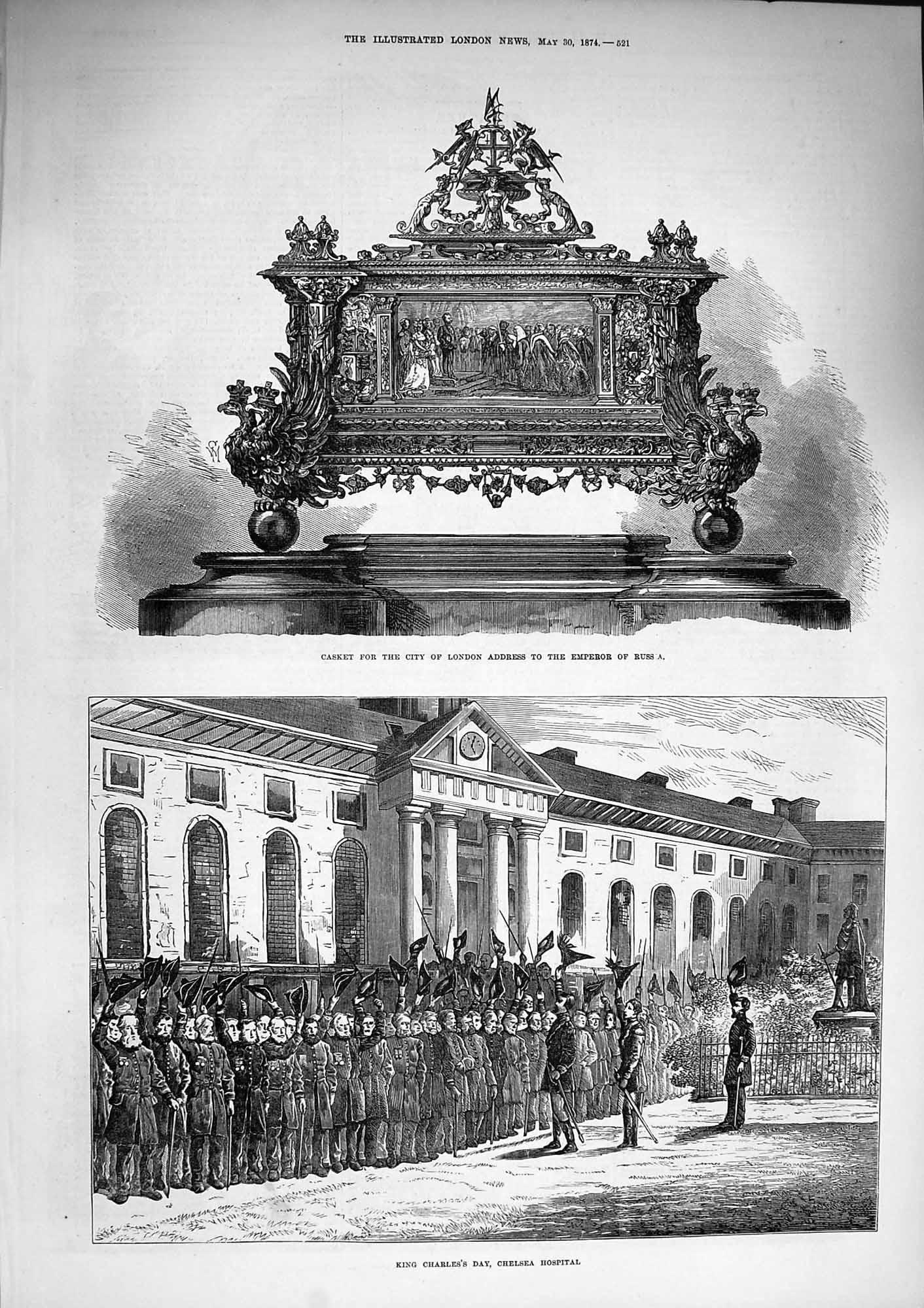 Old Antique Print 1874 Casket London Emperor Russia King Charles Hospital 19th