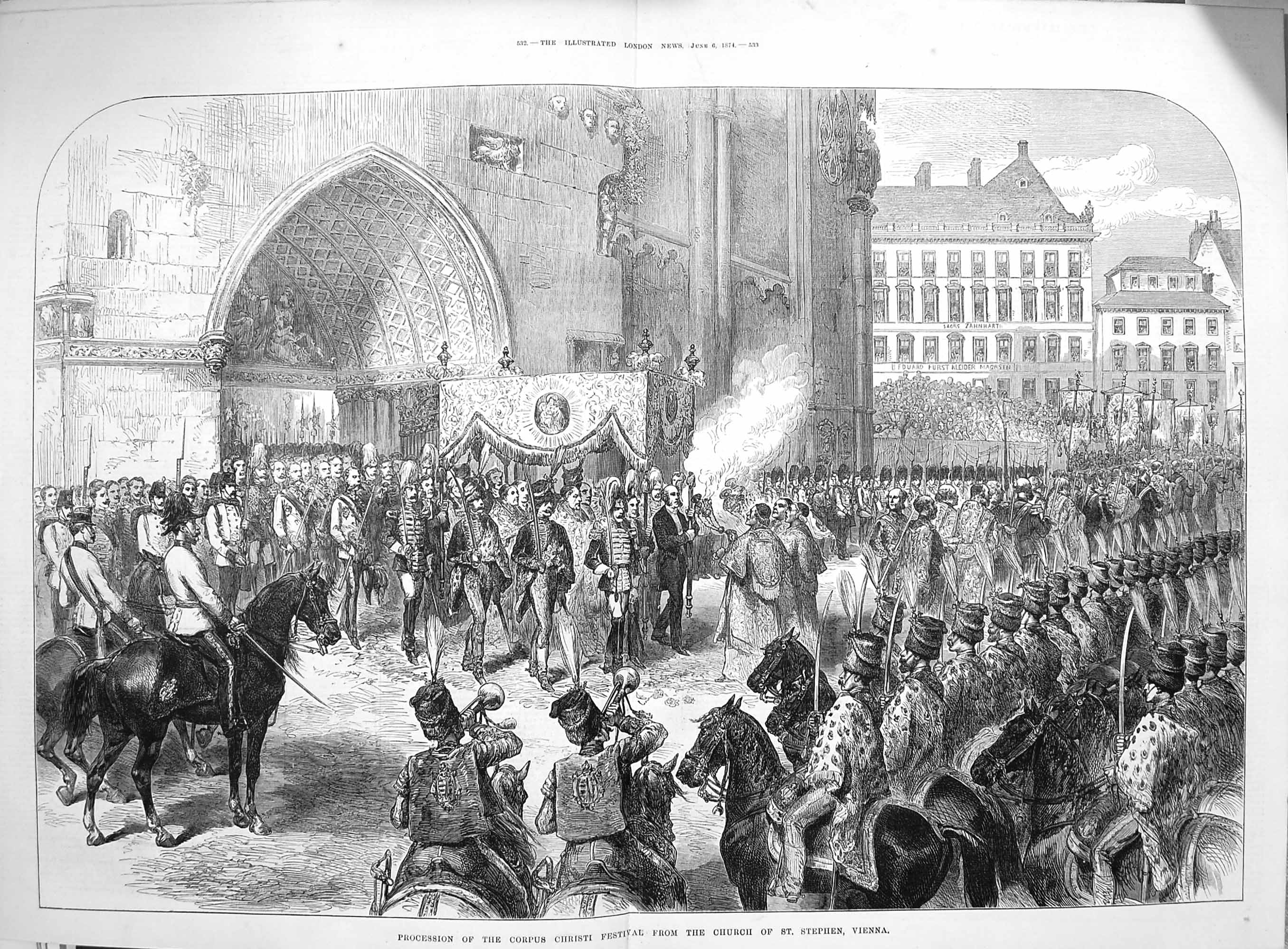 Antique Old Print *3254 1874 Corpus Christi Festival Church Stephen Vienna