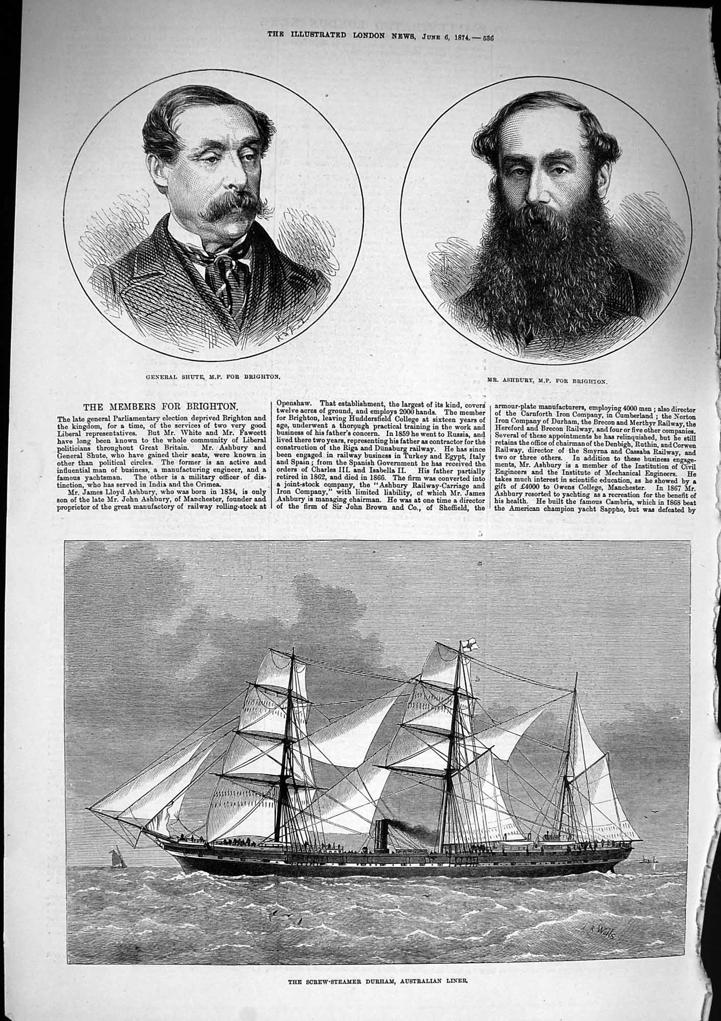 Old Antique Print 1874 Shute Brighton Ashbury Screw-Steamer Ship Durham 19th