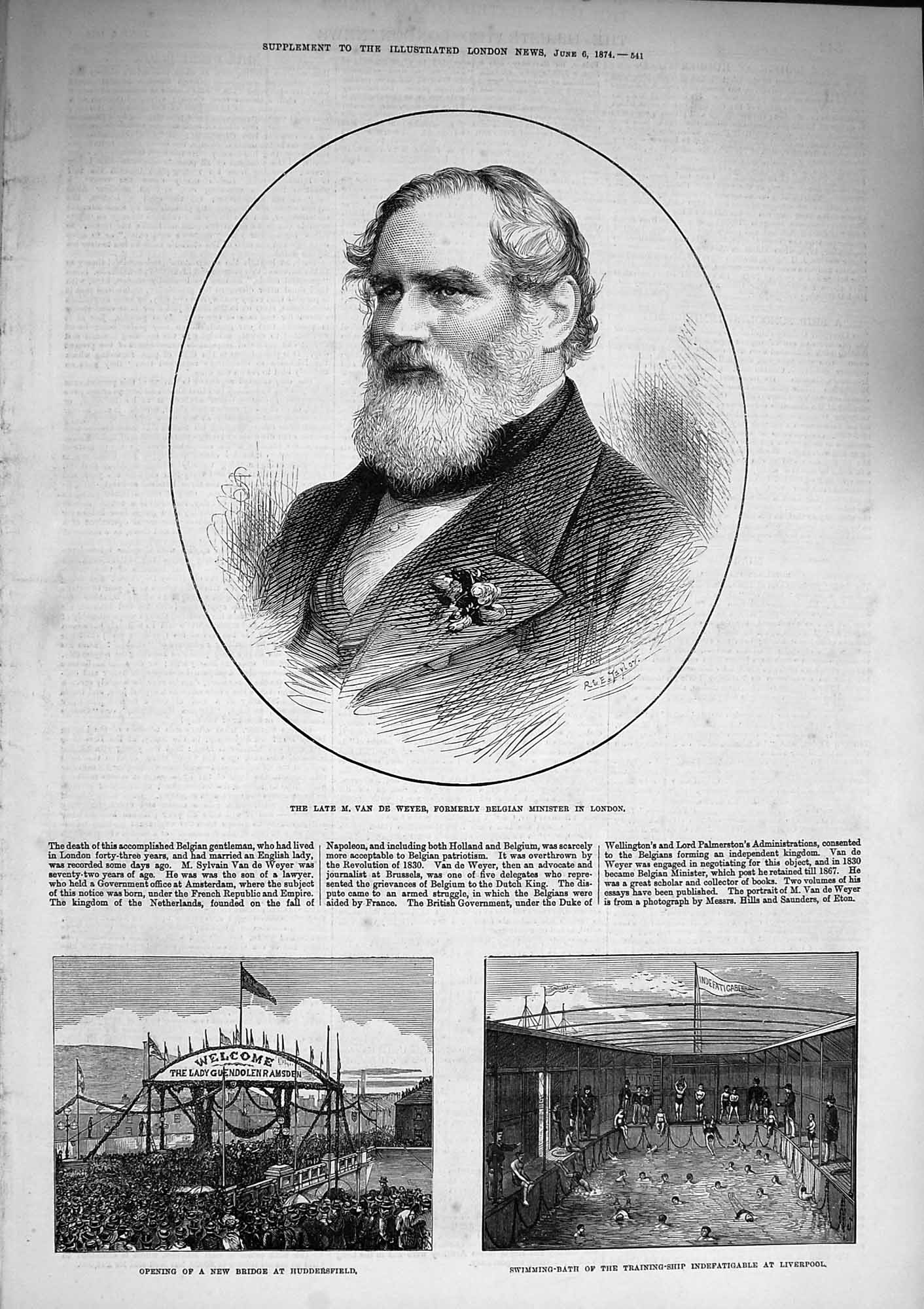 Old Antique Print 1874 Van De Weyer Huddersfield Training Ship Liverpool 19th