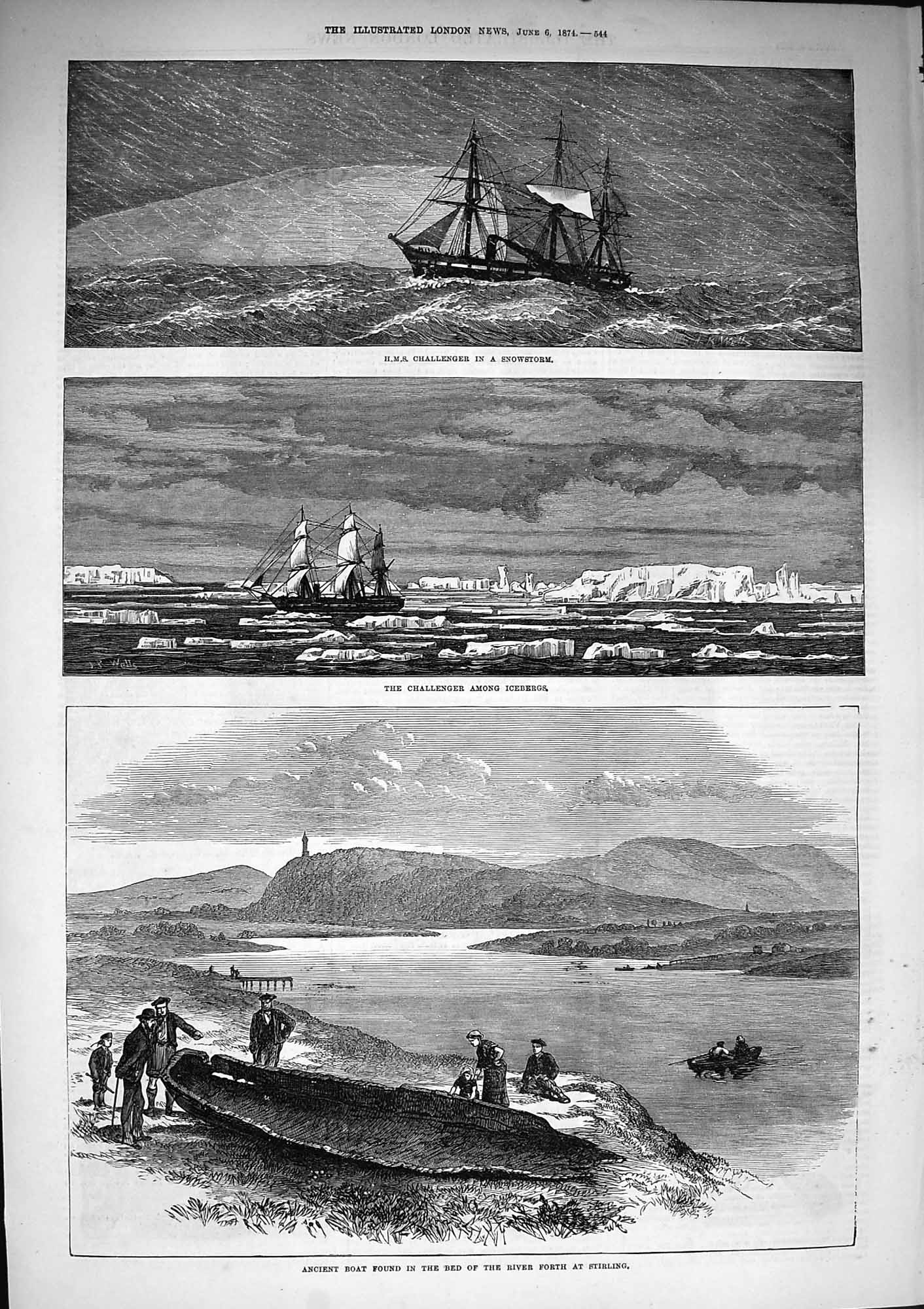 Original Old Antique Print 1874 Ship Challenger Snowstorm Icebergs River Forth