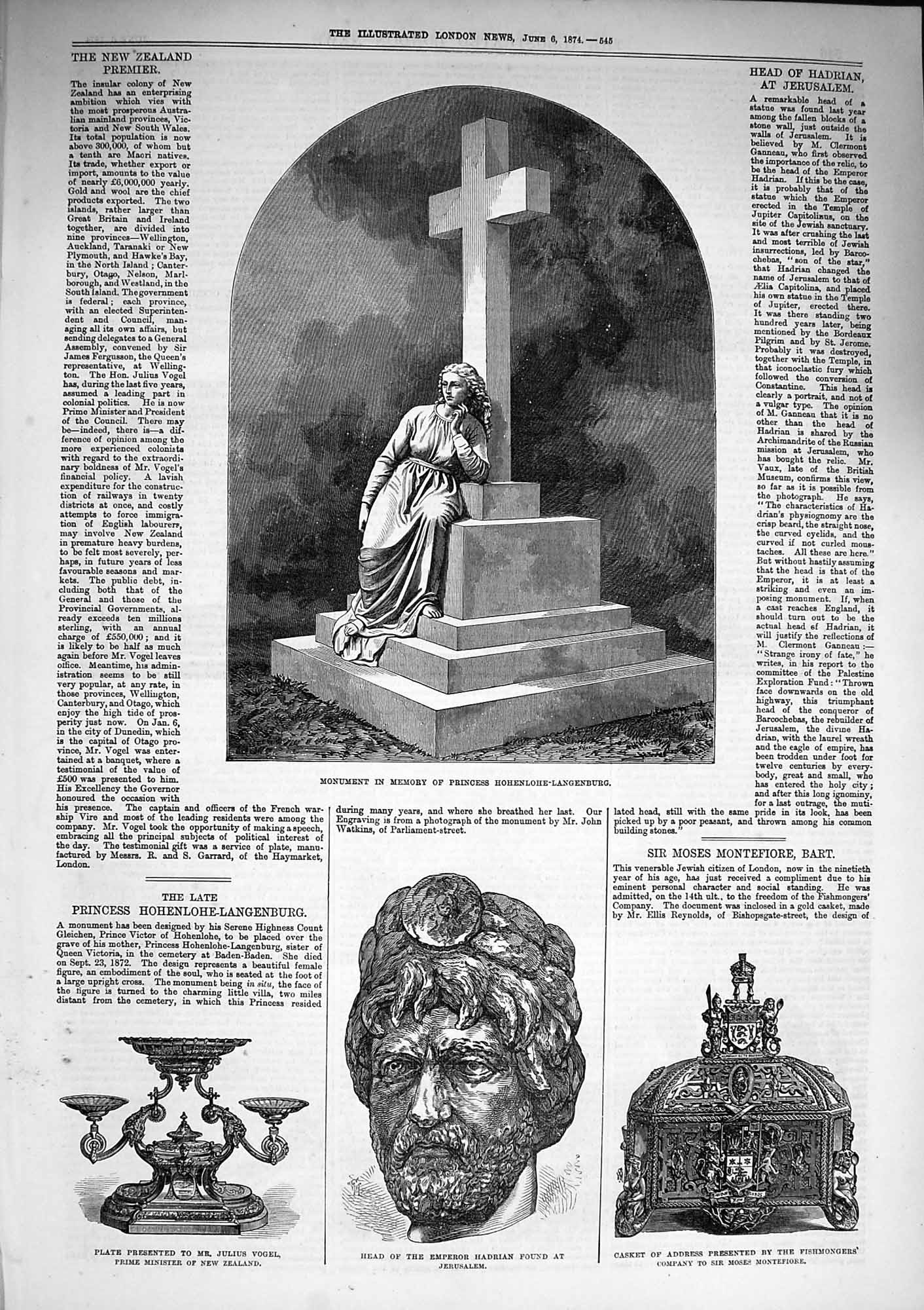 Original Old Antique Print 1874 Monument Princess Hohenlohe-Langenburg Hadrian