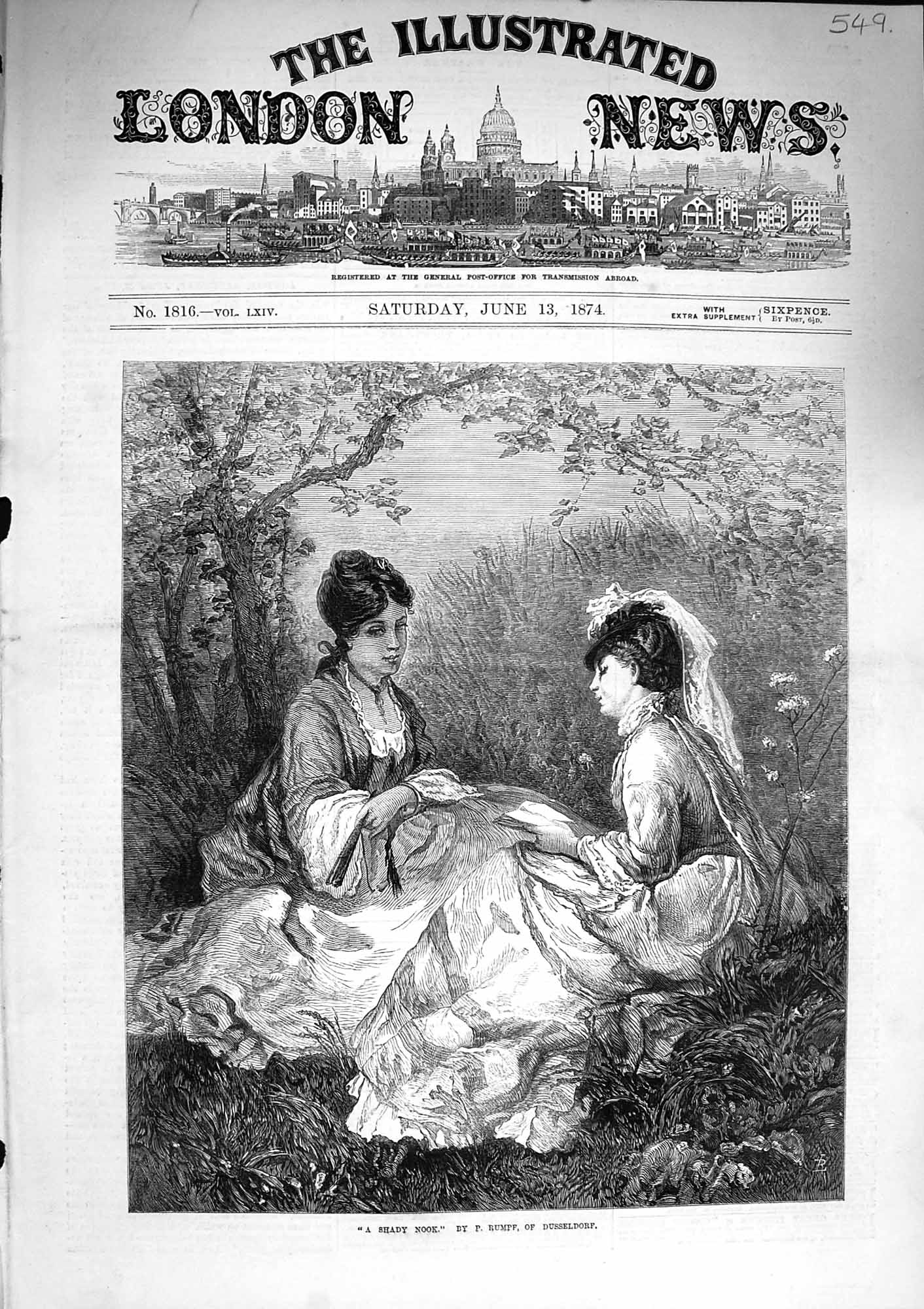 Original Old Antique Print 1874 Shady Nook Young Women Countryside Dusseldorf