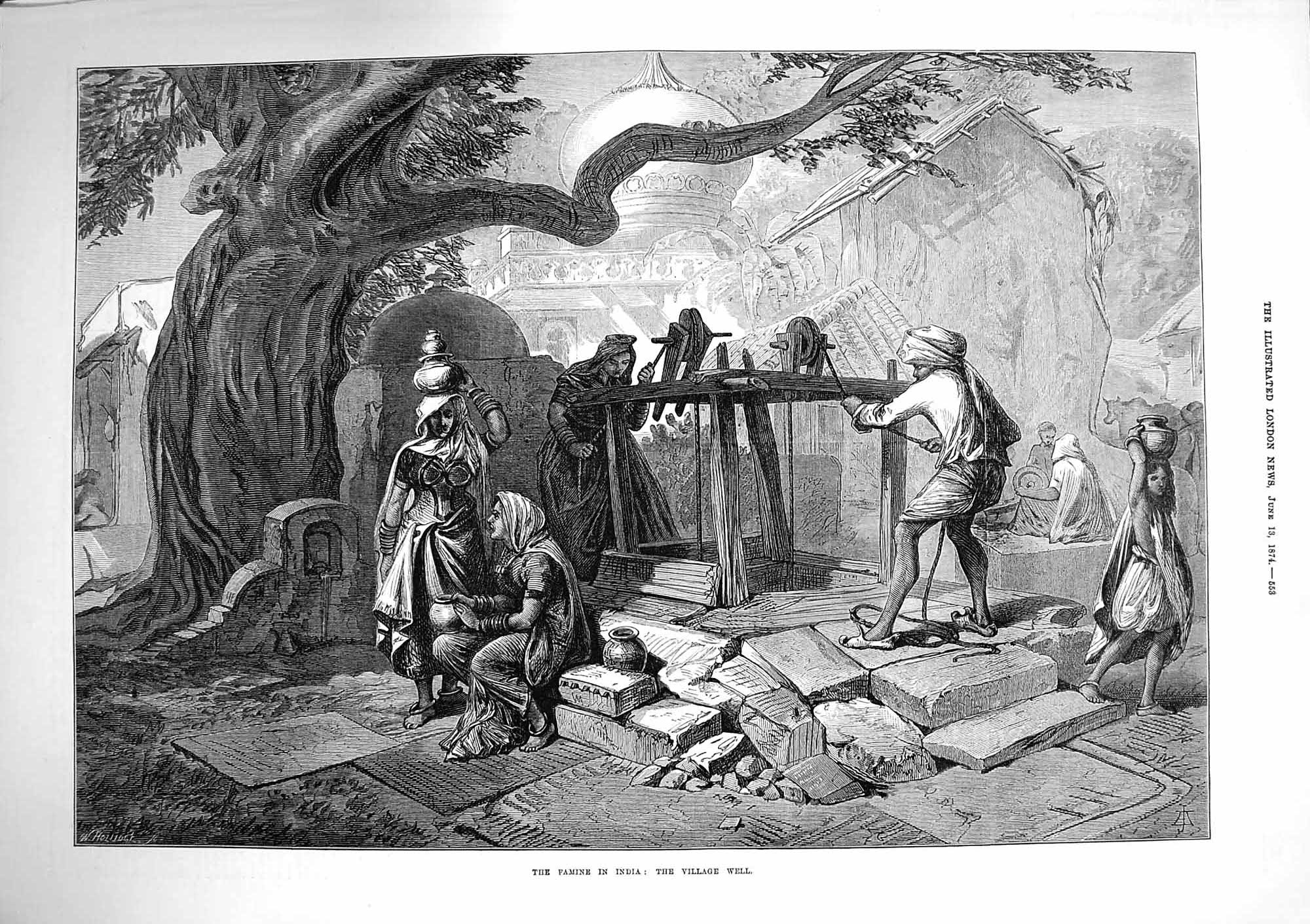 Original Old Antique Print 1874 Famine India Village Well Water Poor People