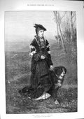 Original Old Antique Print 1874 Who Comes Kaulbach Young Girl Dog Countryside