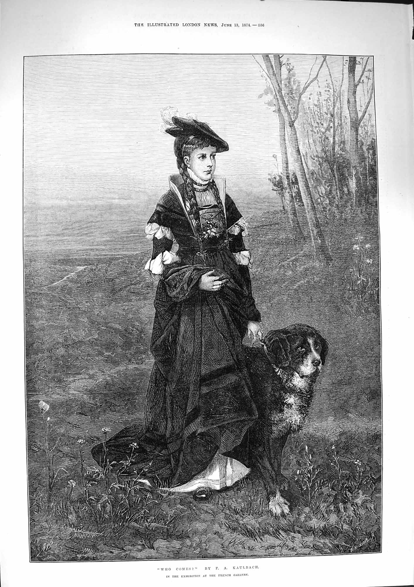 Original Old Antique Print 1874 Who Comes Kaulbach Young Girl Dog Countryside
