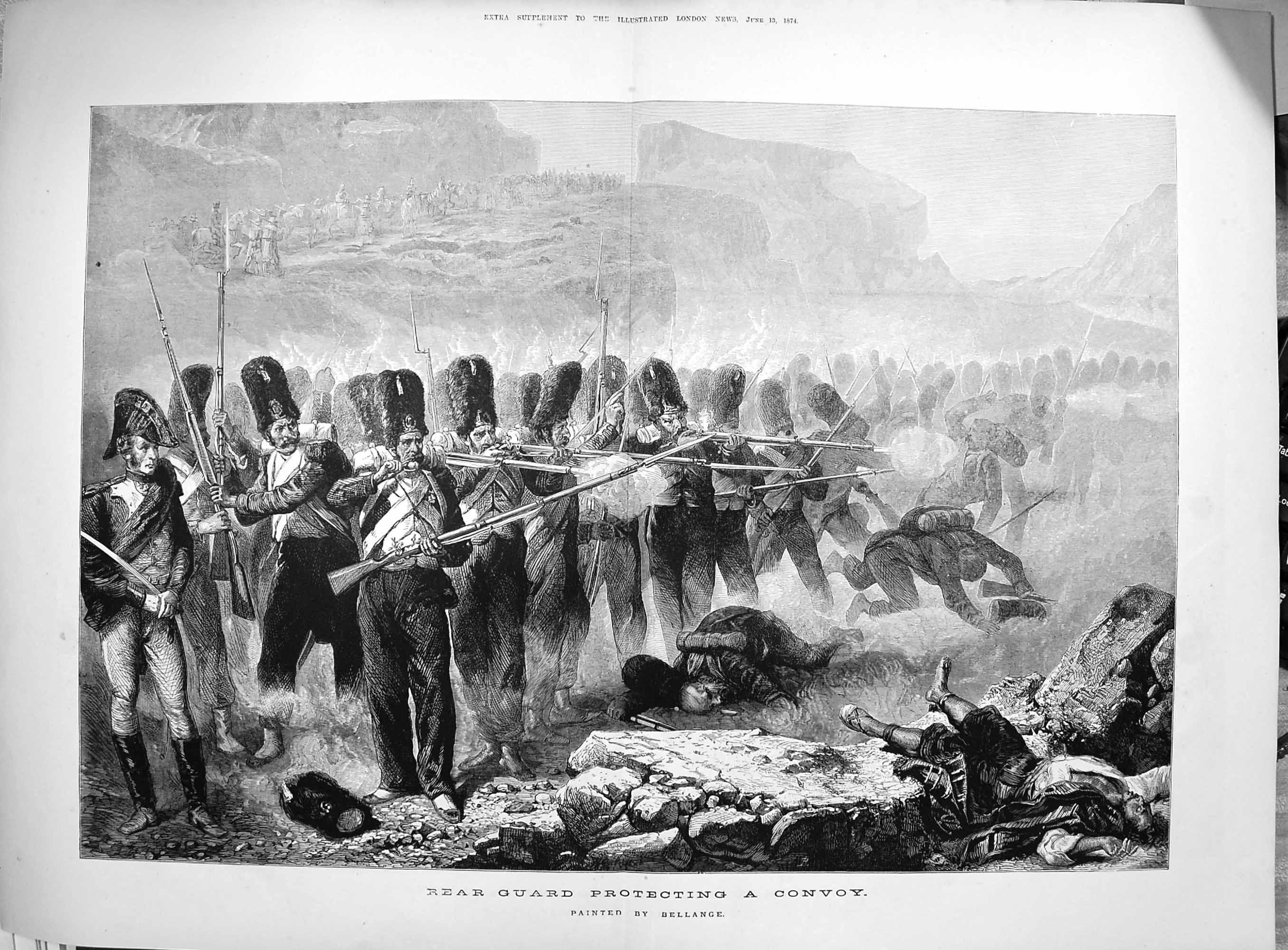 Original Old Antique Print 1874 Rear Guard Protecting Convoy Siers War Guns