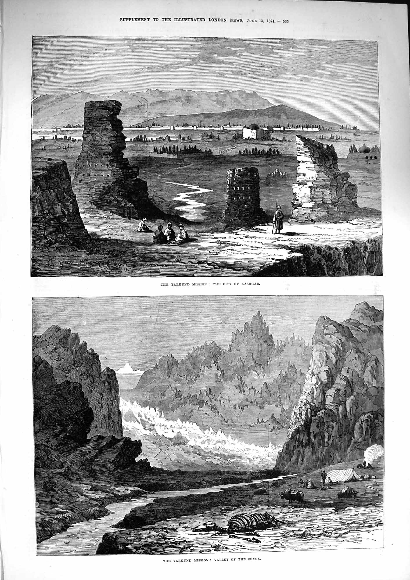 Old Antique Print 1874 Yarkund Mission City Kashgar Valley Shyok Mountain 19th