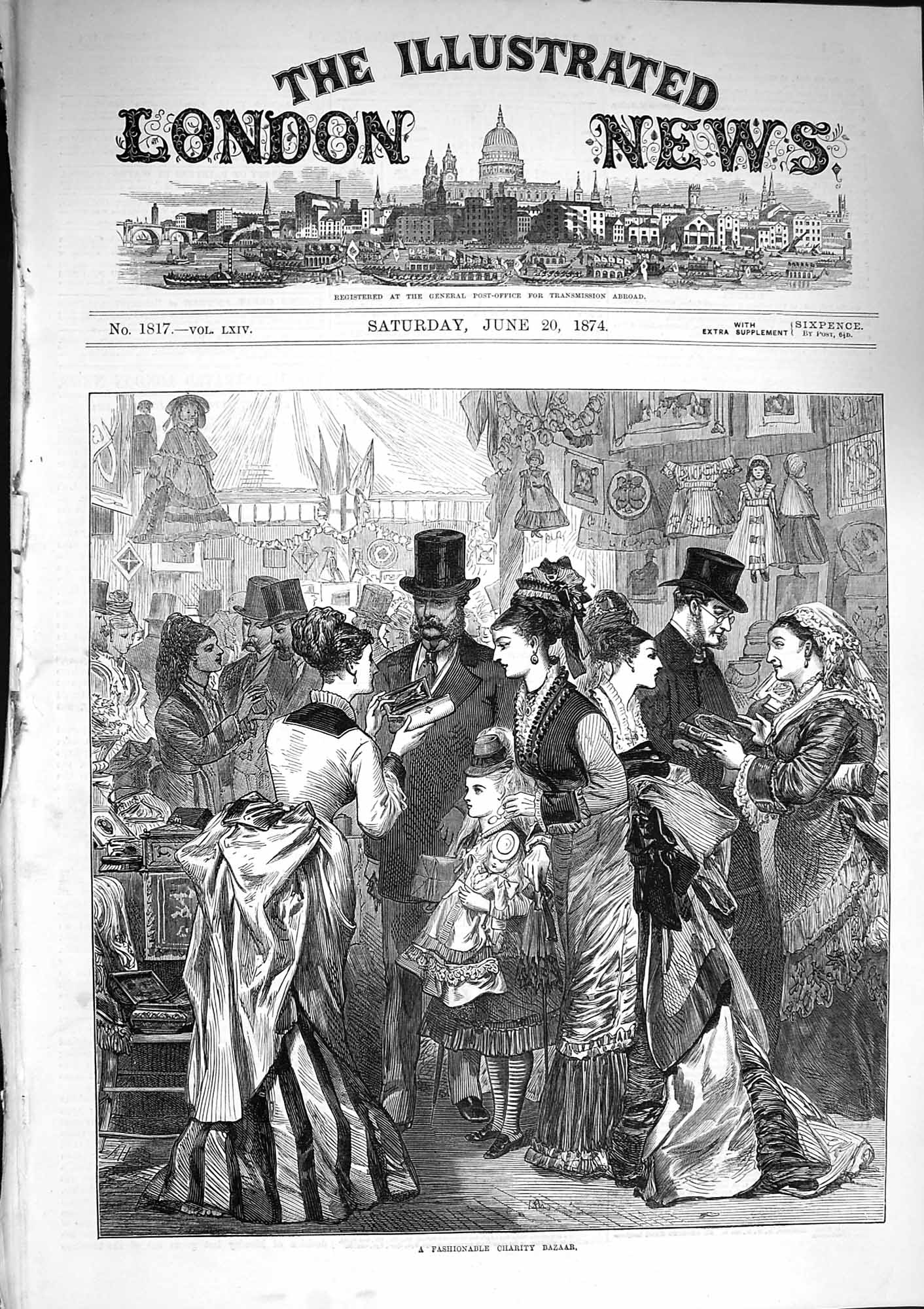 Original Old Antique Print 1874 Fashionable Charity Bazaar Family Sale Scene