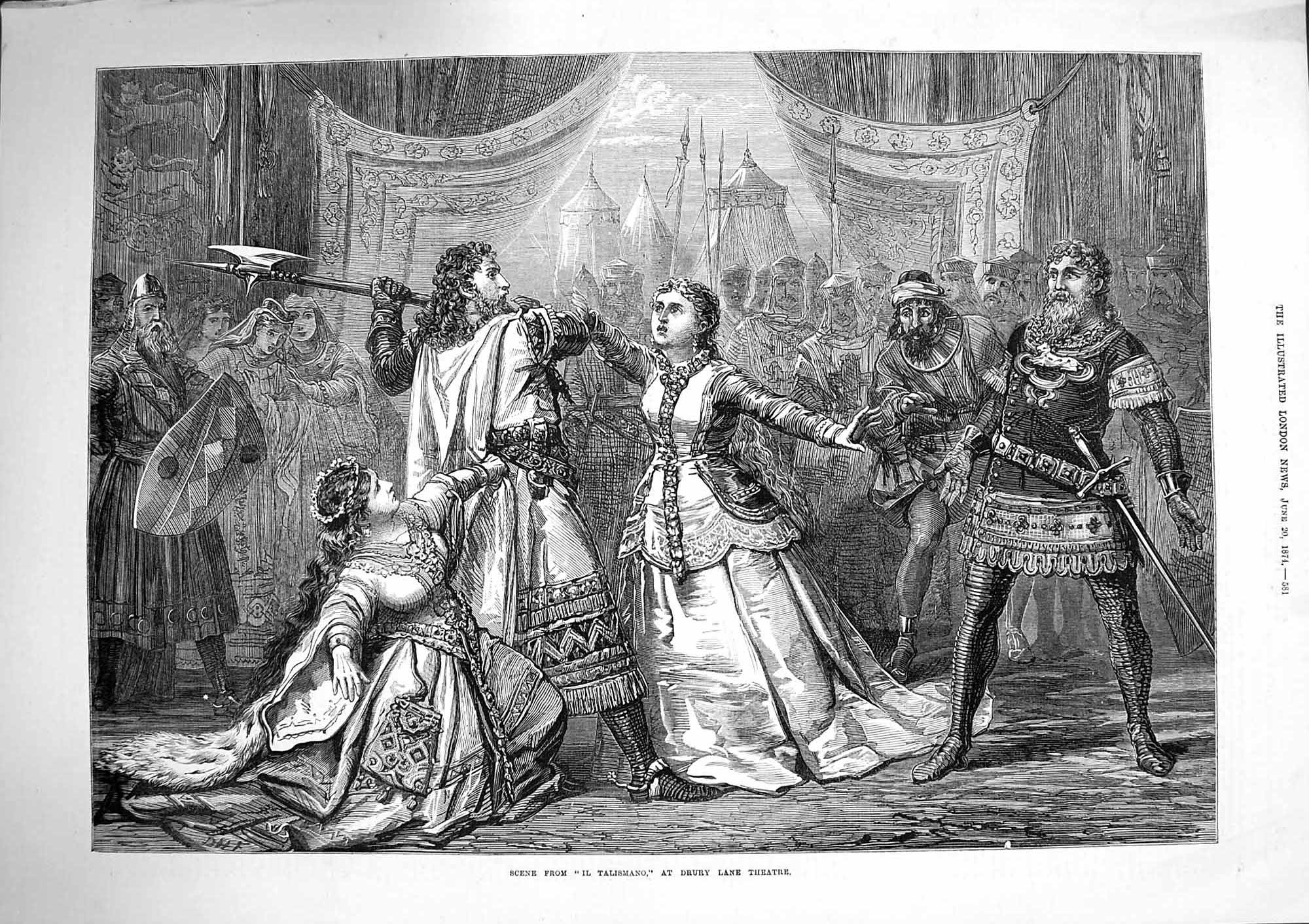 Original Old Antique Print 1874 Scene Talismano Drury Lane Theatre Actors 19th