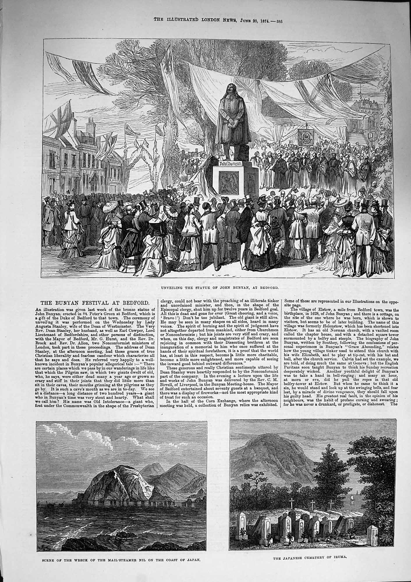 Original Old Antique Print 1874 Statue John Bunyan Bedford Ship Wreck Nil Iruma