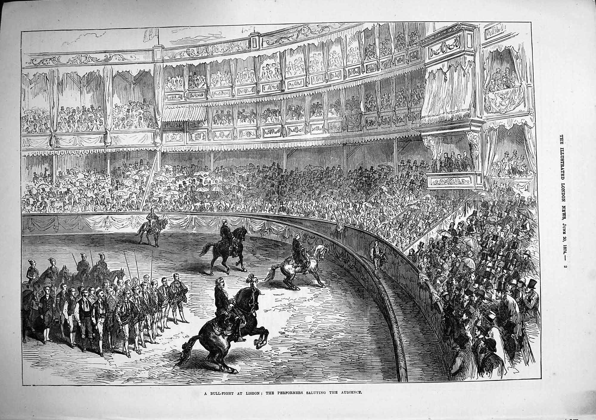 Original Old Antique Print 1874 Bull Fight Lisbon Portugal Performers A 19th
