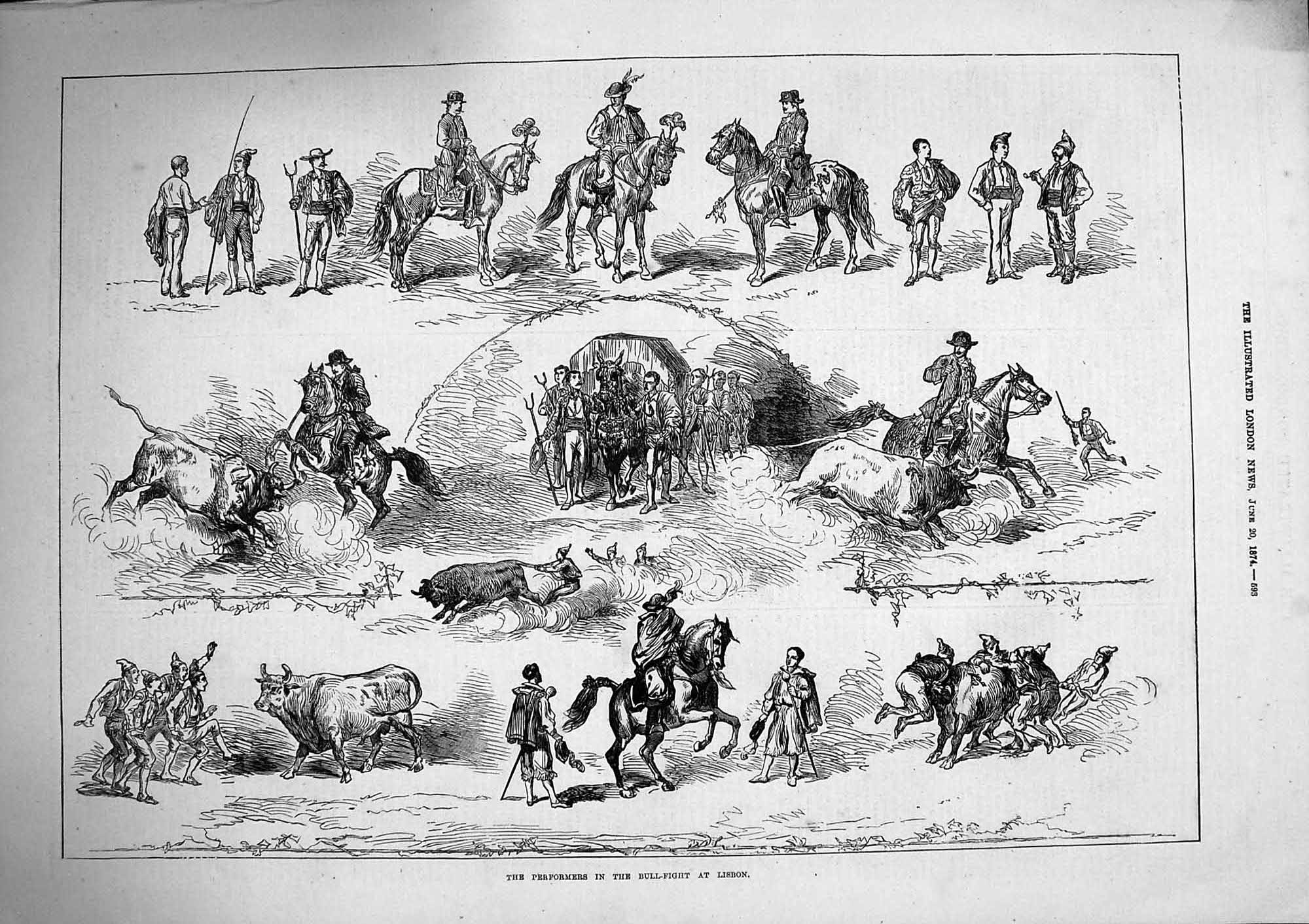 Original Old Antique Print 1874 Performers Bull Fight Lisbon Sport Horses P 19th
