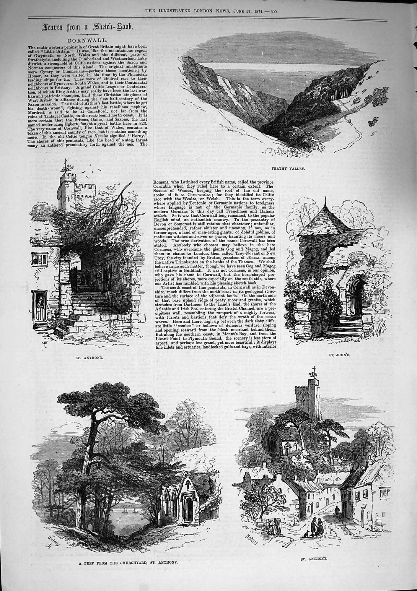 Old Antique Print 1874 Cornwall Frathy Valley Anthony Churchyard John'S 19th