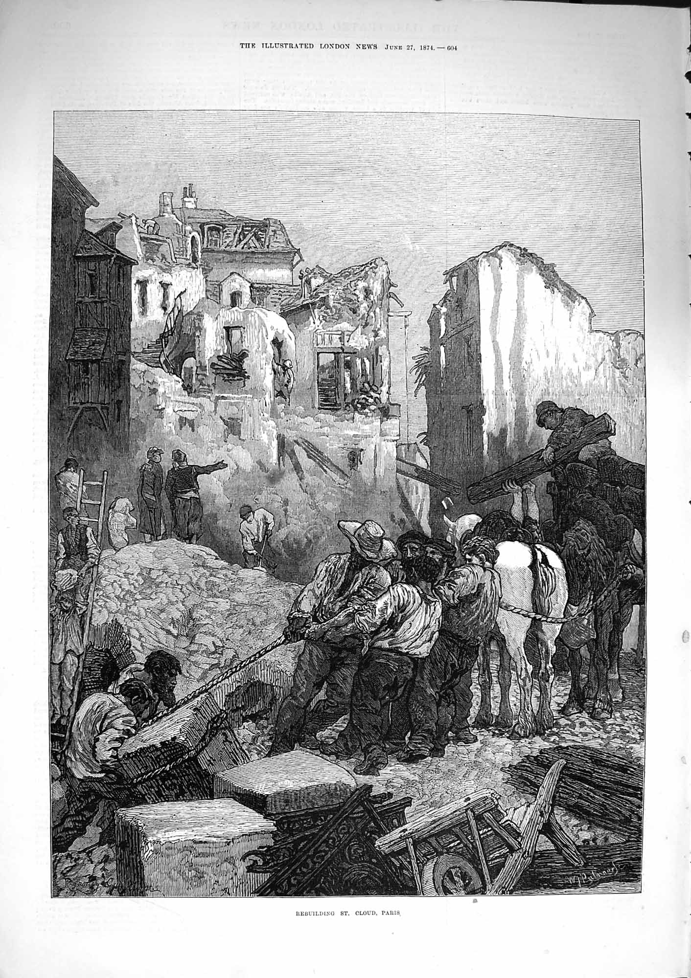 Old Antique Print 1874 Scene Rebuilding St. Cloud Paris France Fine Art 19th