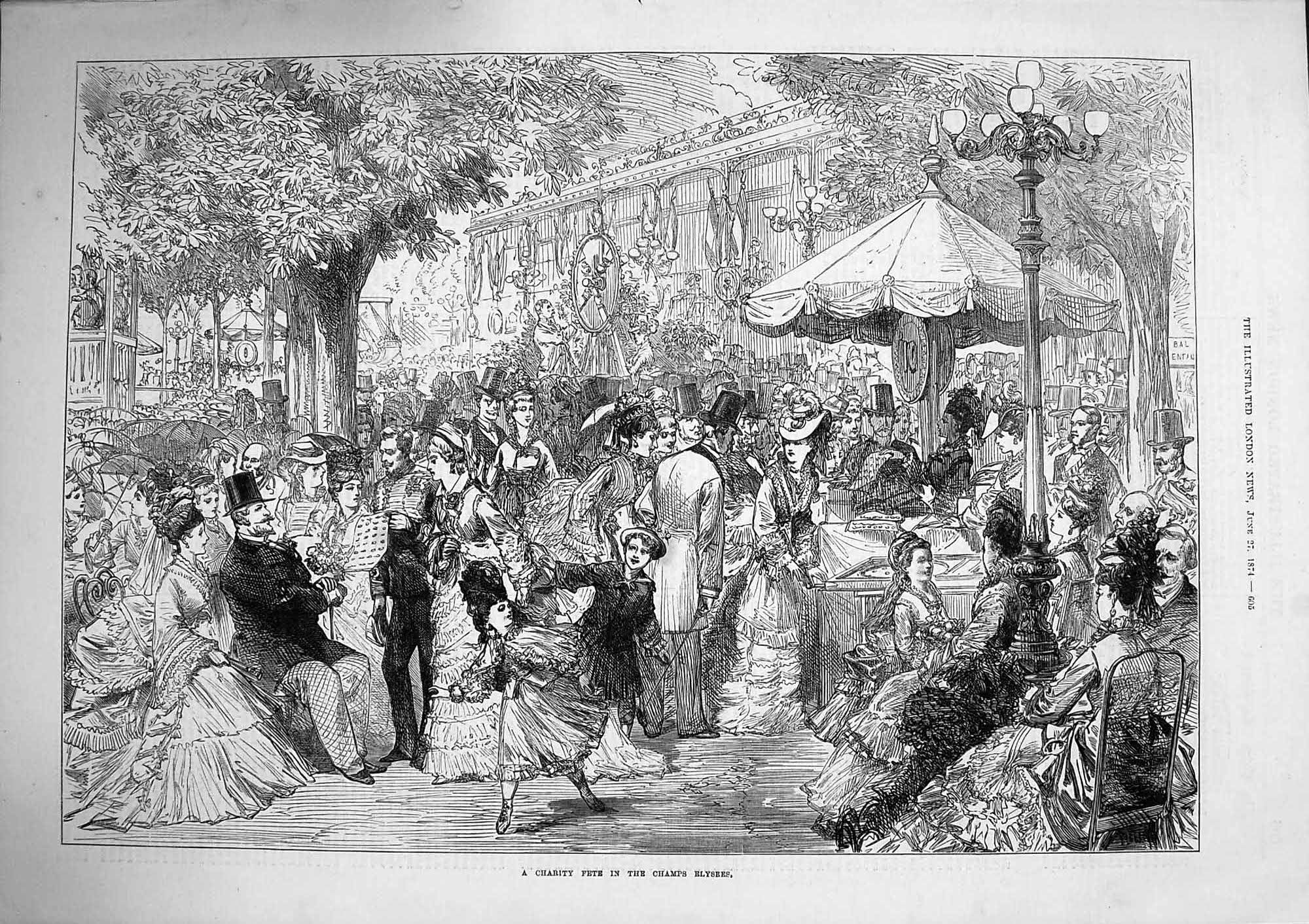 Old Antique Print 1874 Charity Fete Champs Elysees France Family Day Out 19th