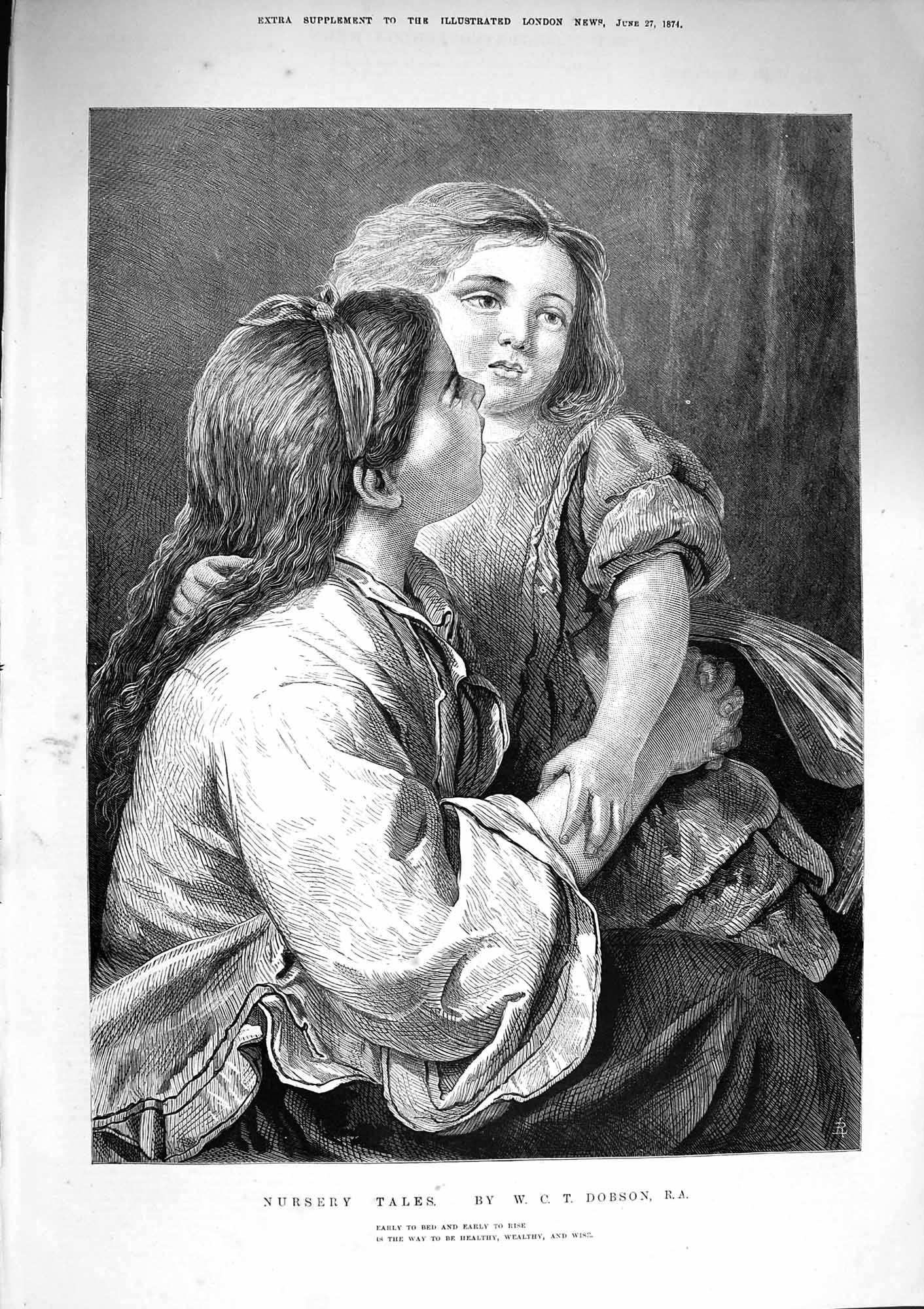Original Old Antique Print 1874 Nursery Tales Children Story GirlsVictorian