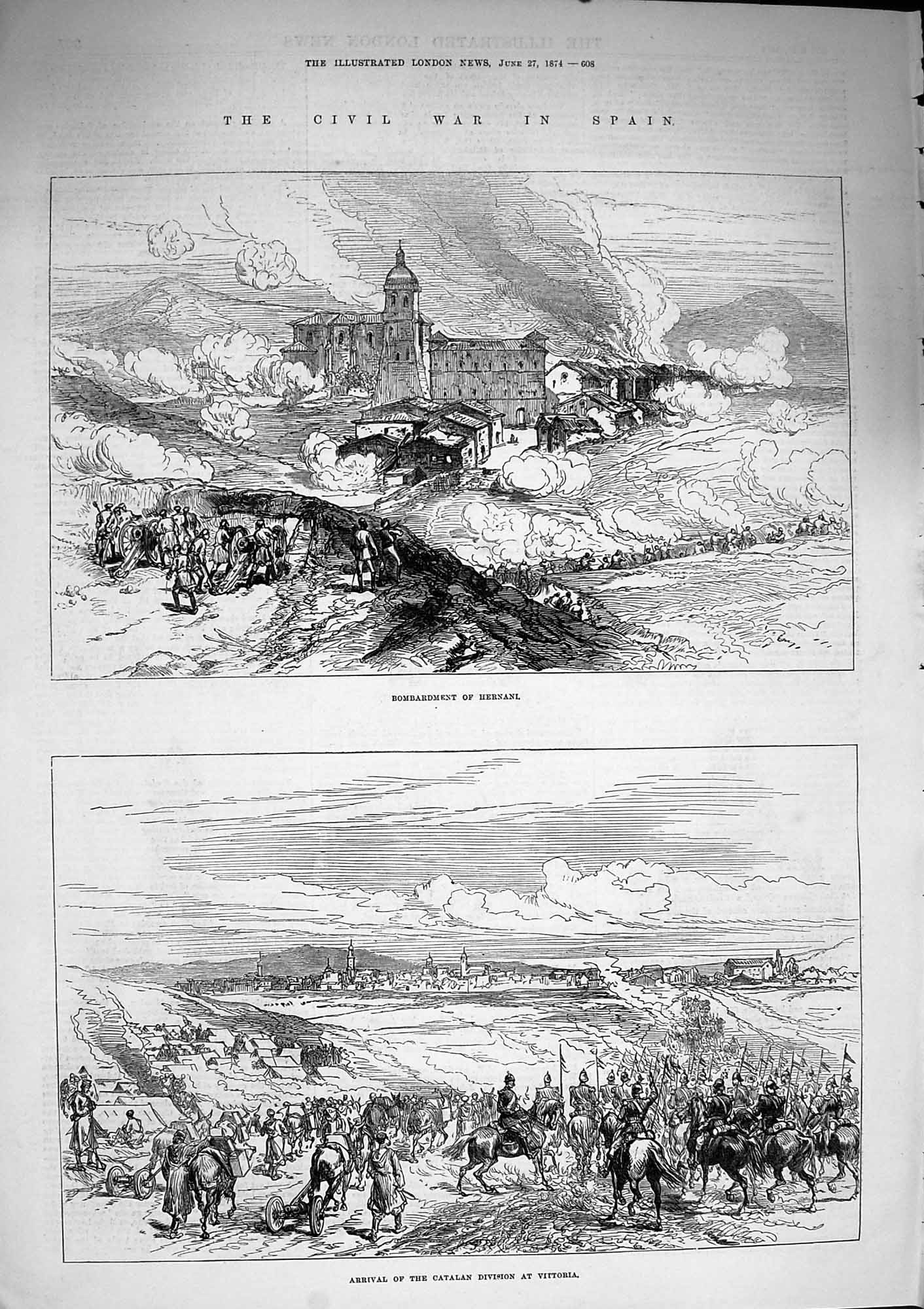 Original Old Antique Print 1874 War Spain Bombardment Hernani Catalan Vittoria