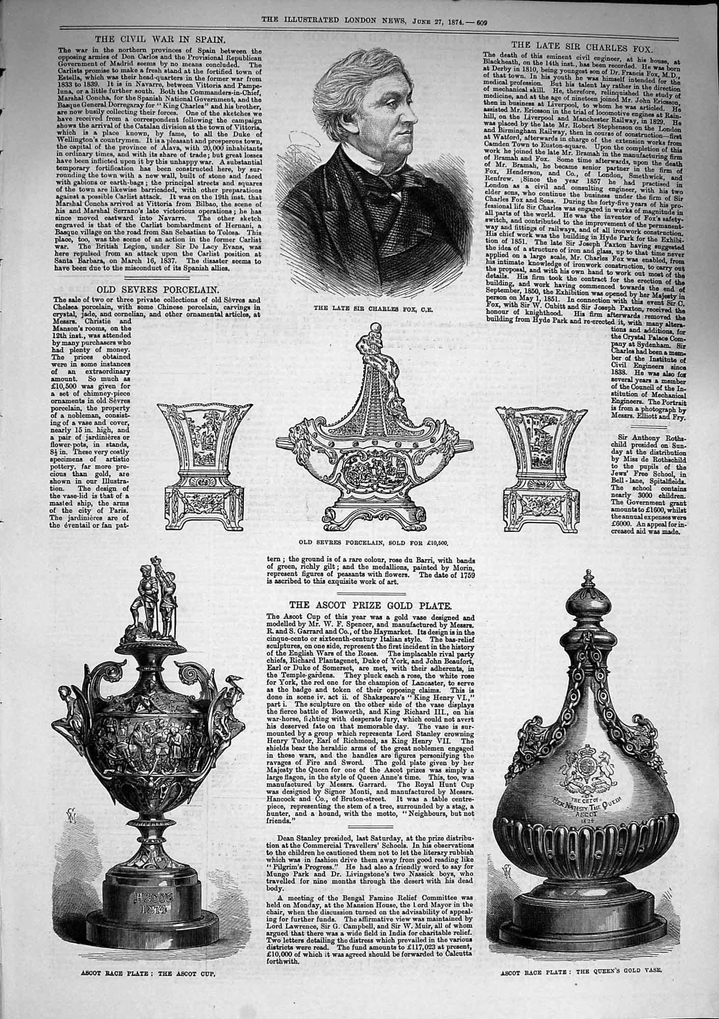 Original Old Antique Print 1874 Charles Fox Ascot Race Plate Cup Queen'S GVase