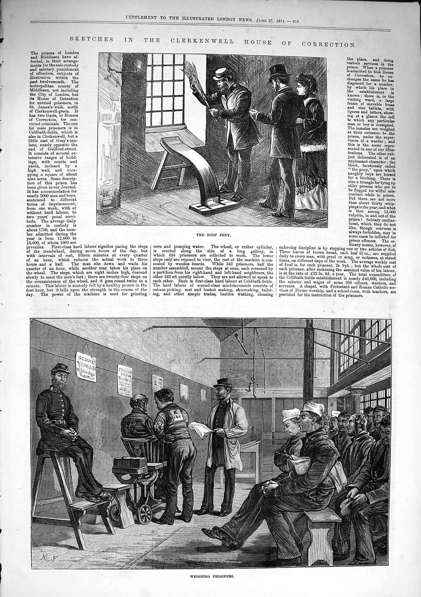 Old Antique Print 1874 Clerkenwell House Correction Prisoners Boys Pony 19th