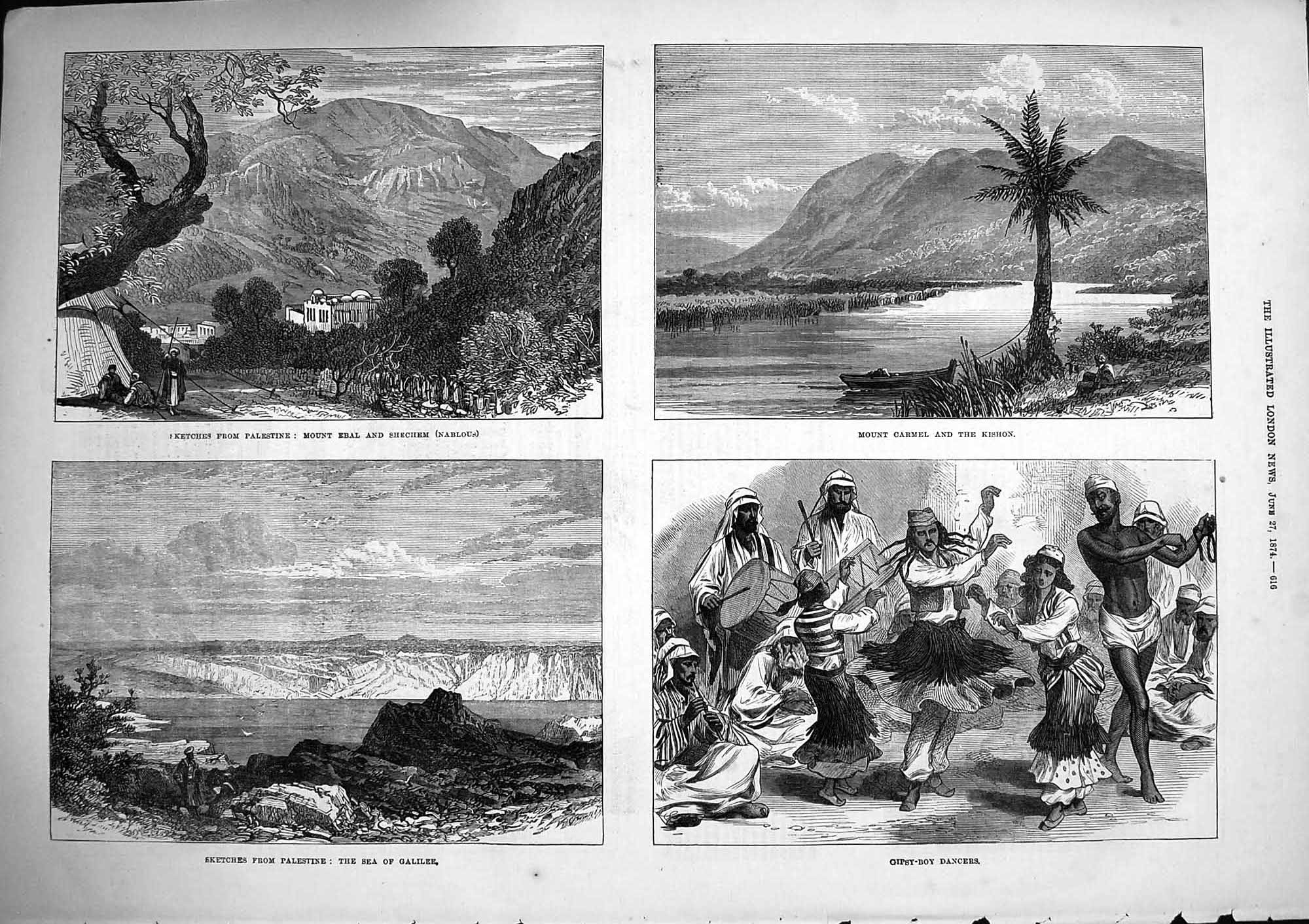 Old Antique Print 1874 Palestine Mount Ebal Carmel Kishon Galilee Gipsy 19th