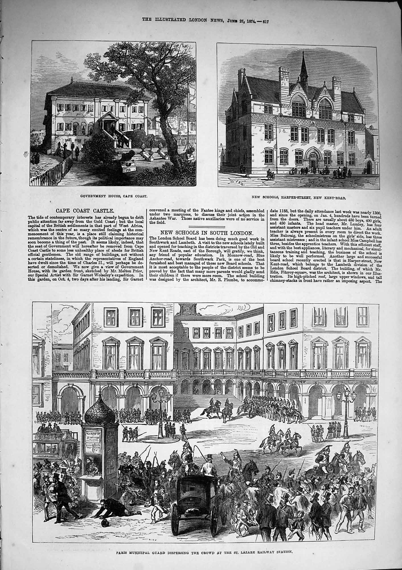 Old Antique Print 1874 Paris Guard Lazare Railway Government Cape School 19th