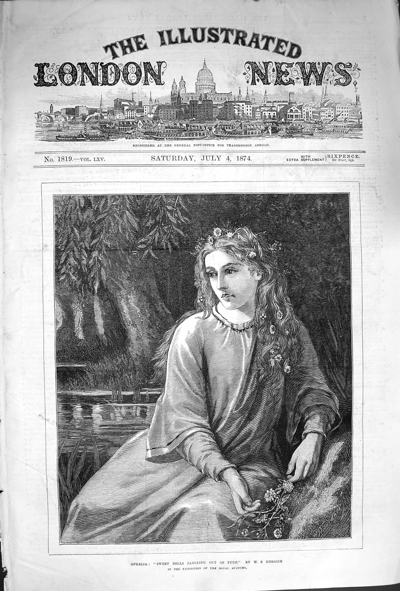 Original Old Antique Print 1874 Portrait Ophelia Beautiful Girl Herrick 19th