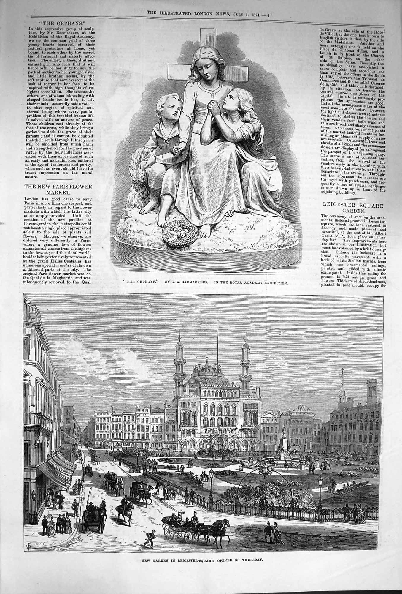 Old Antique Print 1874 Sculpture Orphans Garden Leicester-Square London 19th