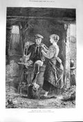Original Old Antique Print 1874 Dawn Love Farmer Man Lady Farmyard Romance 19th