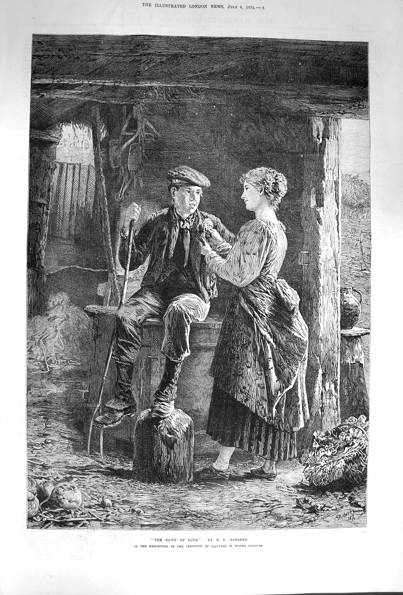 Original Old Antique Print 1874 Dawn Love Farmer Man Lady Farmyard Romance 19th