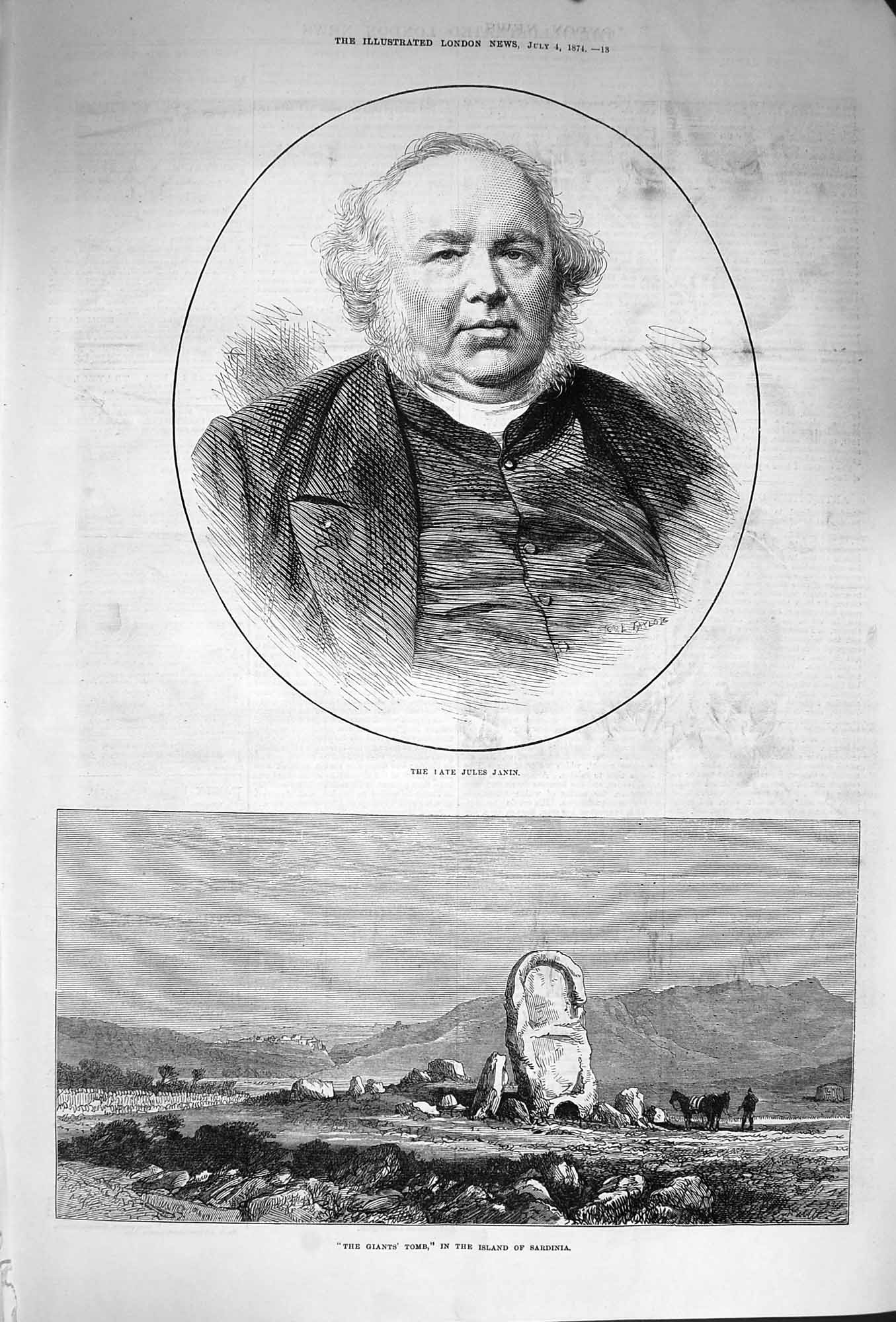 Original Old Antique Print 1874 Portrait Jules Janin Giant'S Tomb Island S 19th