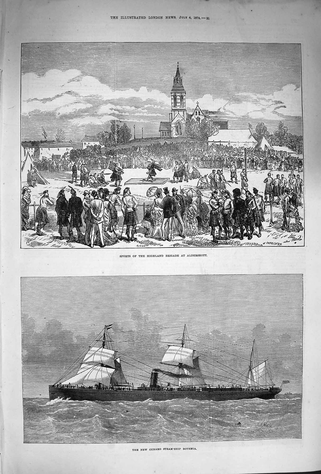 Original Old Antique Print 1874 Sports Highland Brigade Aldershott Ship Bothnia