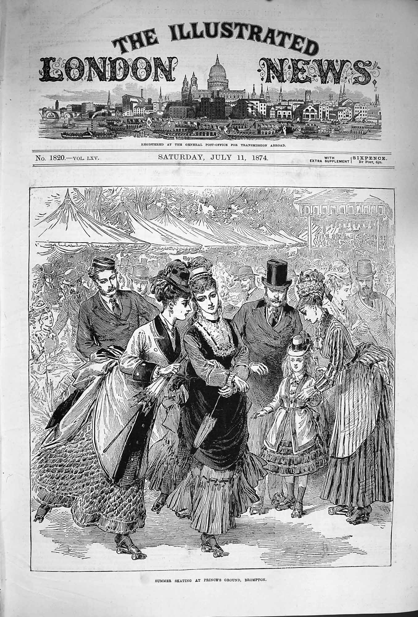 Original Old Antique Print 1874 Summer Ice Skating Prince'S Fround B Victorian