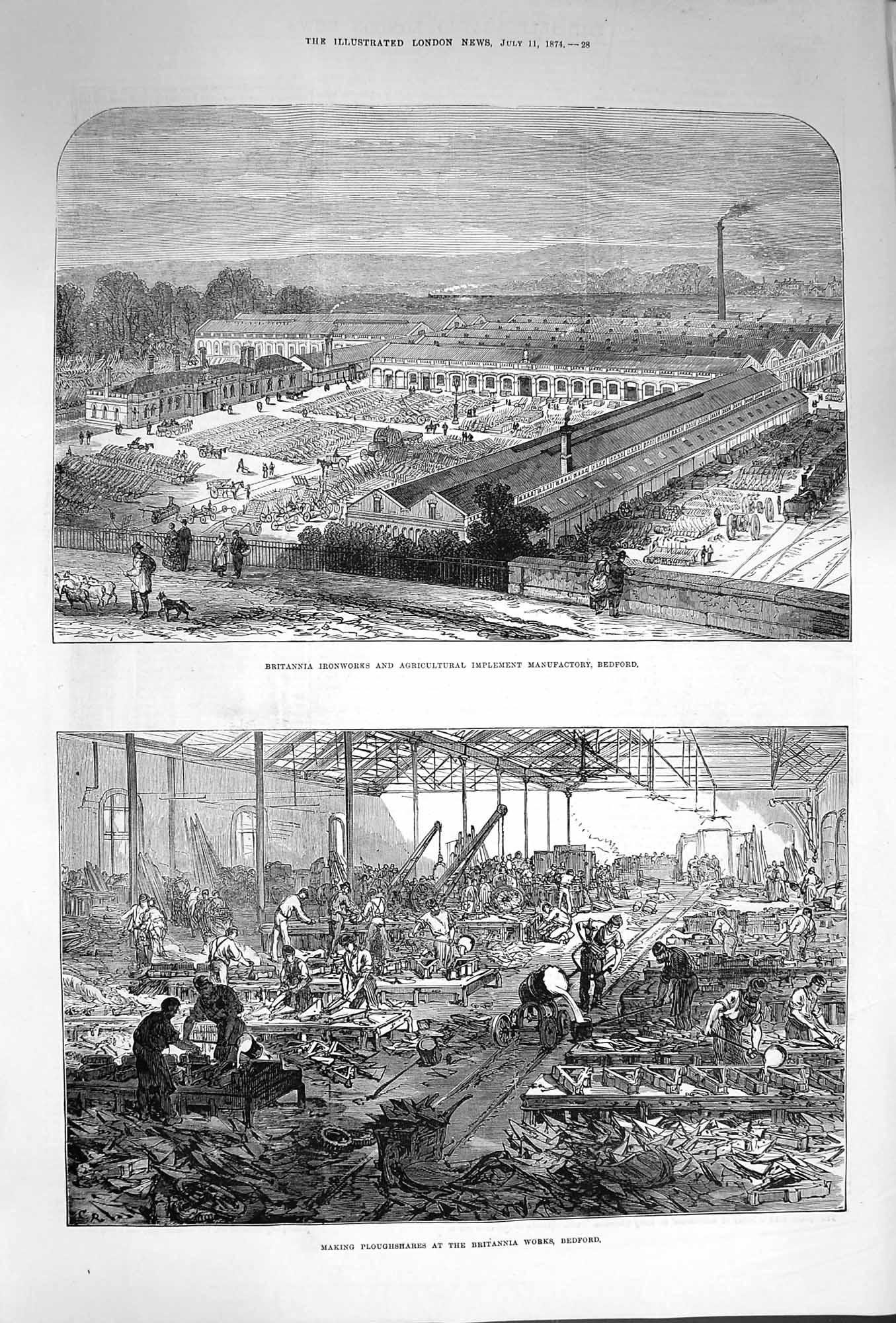 Original Old Antique Print 1874 Britannia Ironworks Manufactory Bedford I 19th