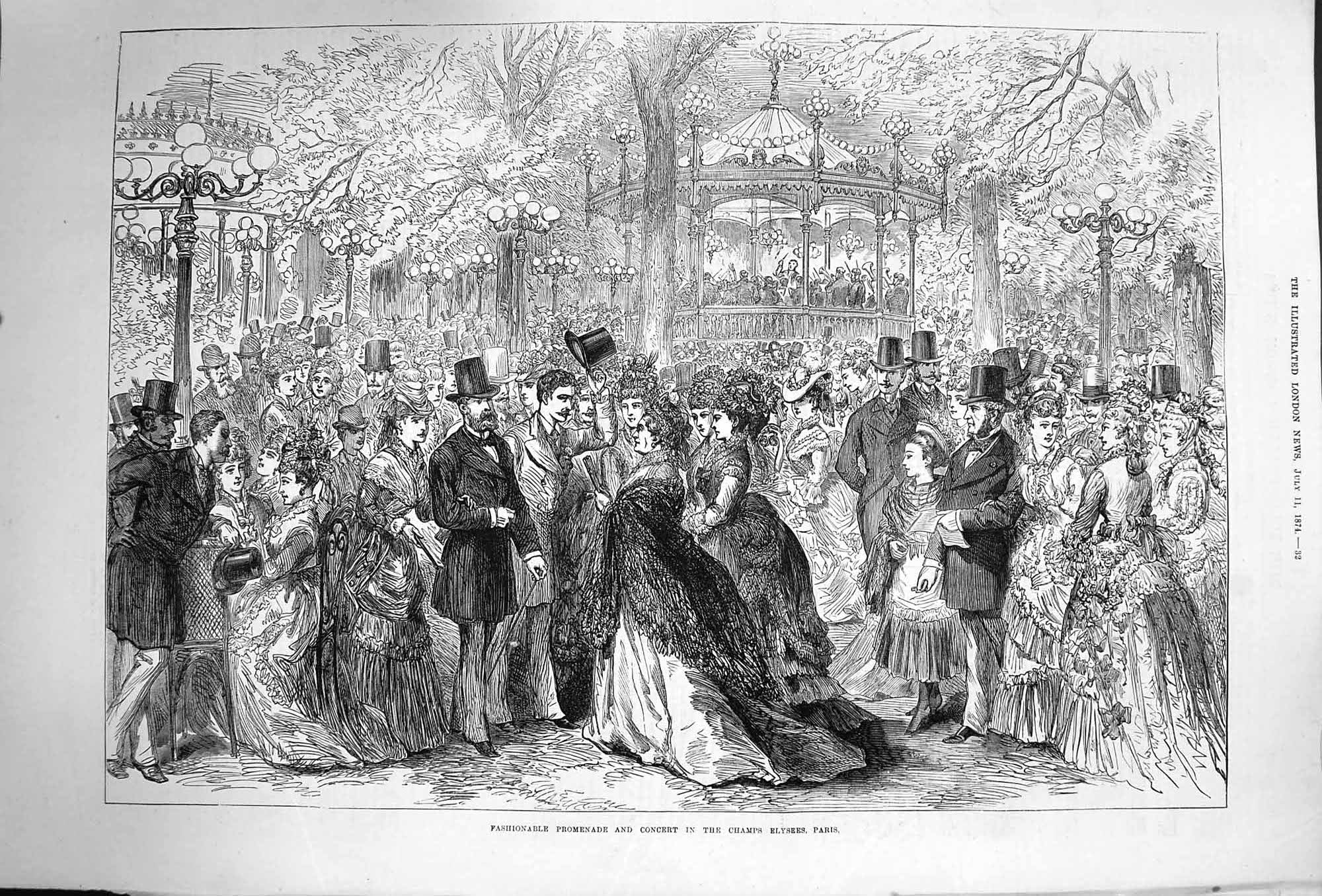Original Old Antique Print 1874 Fashionable Promenade Concert Champs Elysee 19th