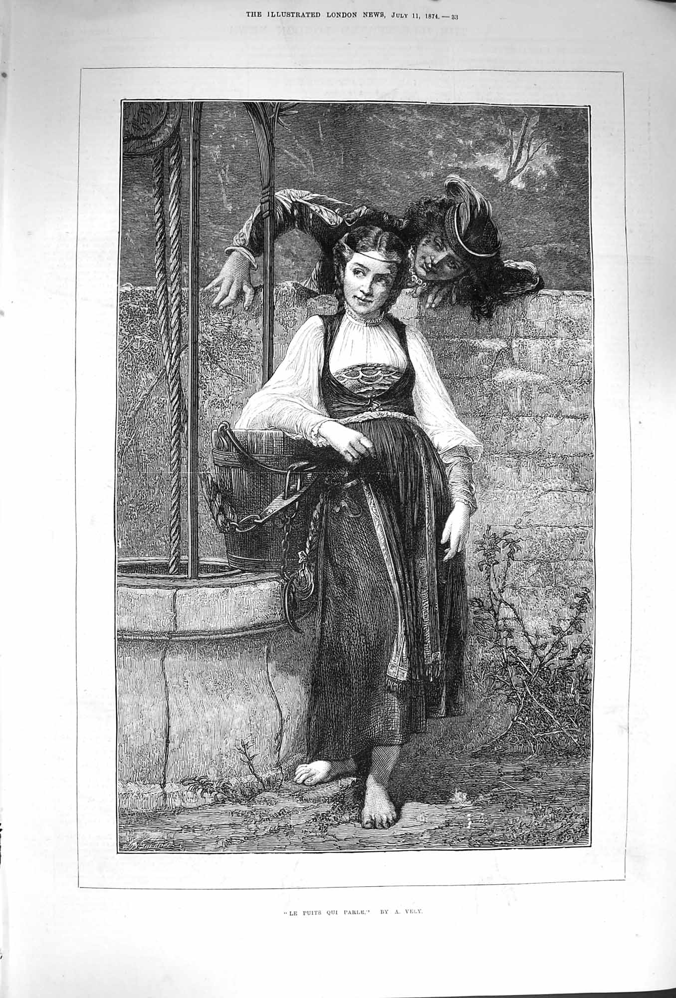 Original Old Antique Print 1874 Le Puits Qui Parle Romance Man Lady F Victorian