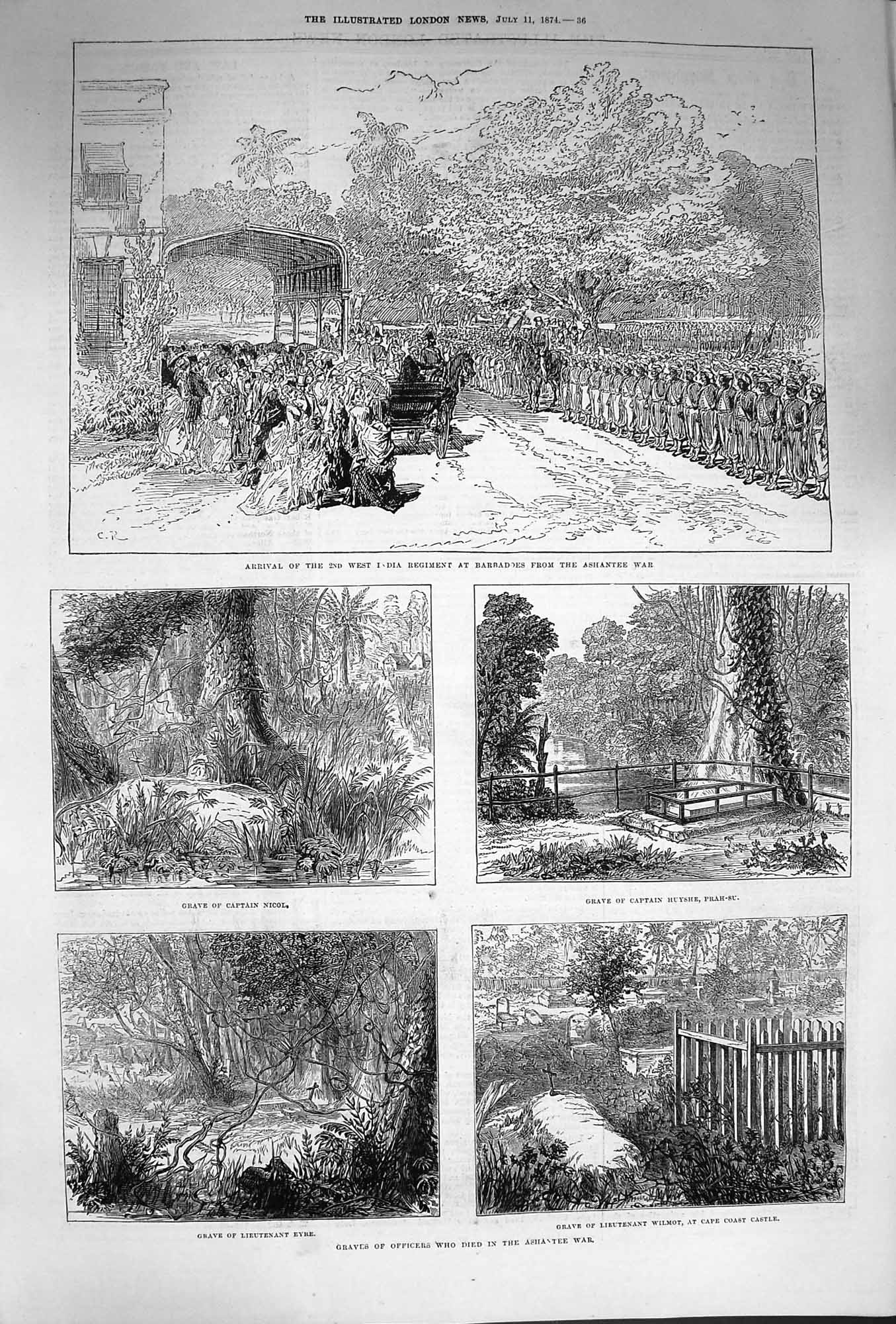 Original Old Antique Print 1874 Graves Officers Ashantee War Captain Nicol Eyre