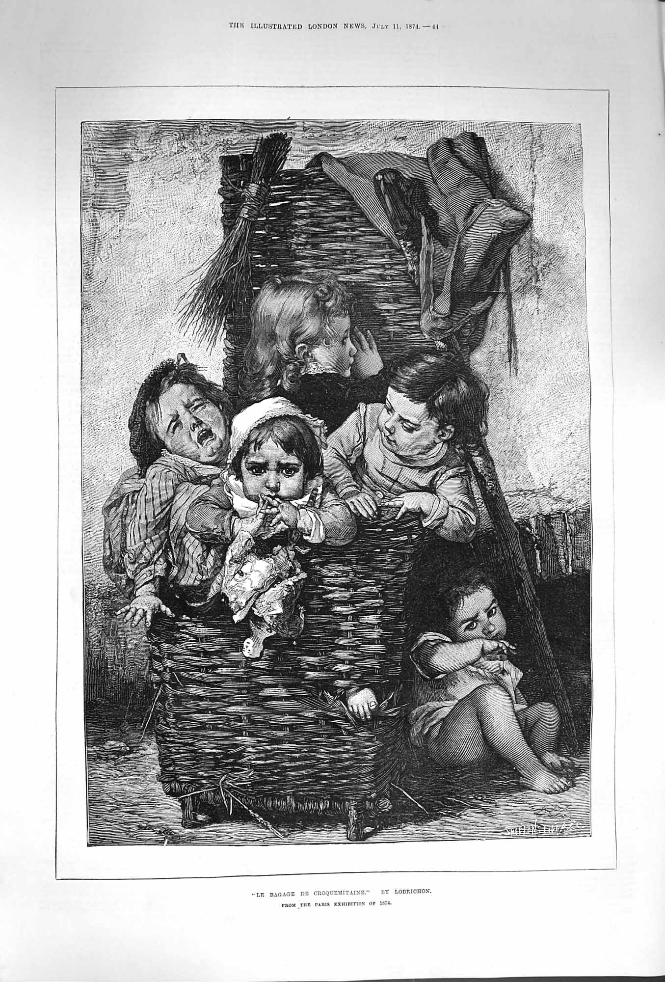 Old Antique Print 1874 Le Bagage Croquemitaine Children Basket Fine Art 19th