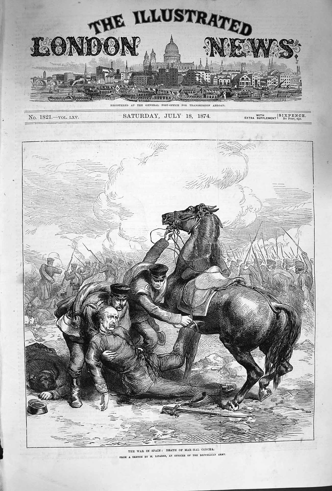 Original Old Antique Print 1874 War Spain Scene Death Mar-Hal Concha Siers 19th