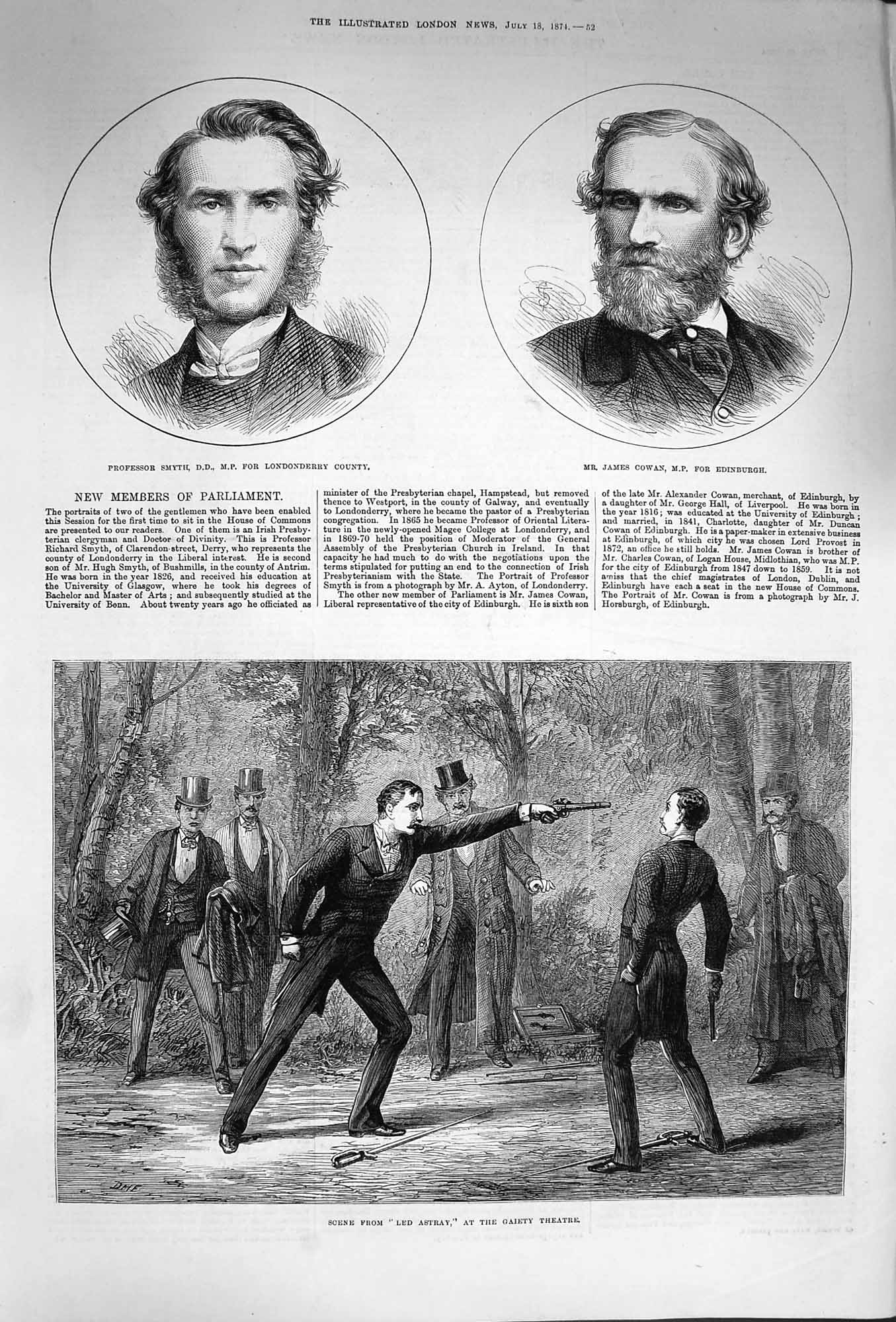 Original Old Antique Print 1874 Professor Smyth Cowan Led Astray Gaiety Theatre