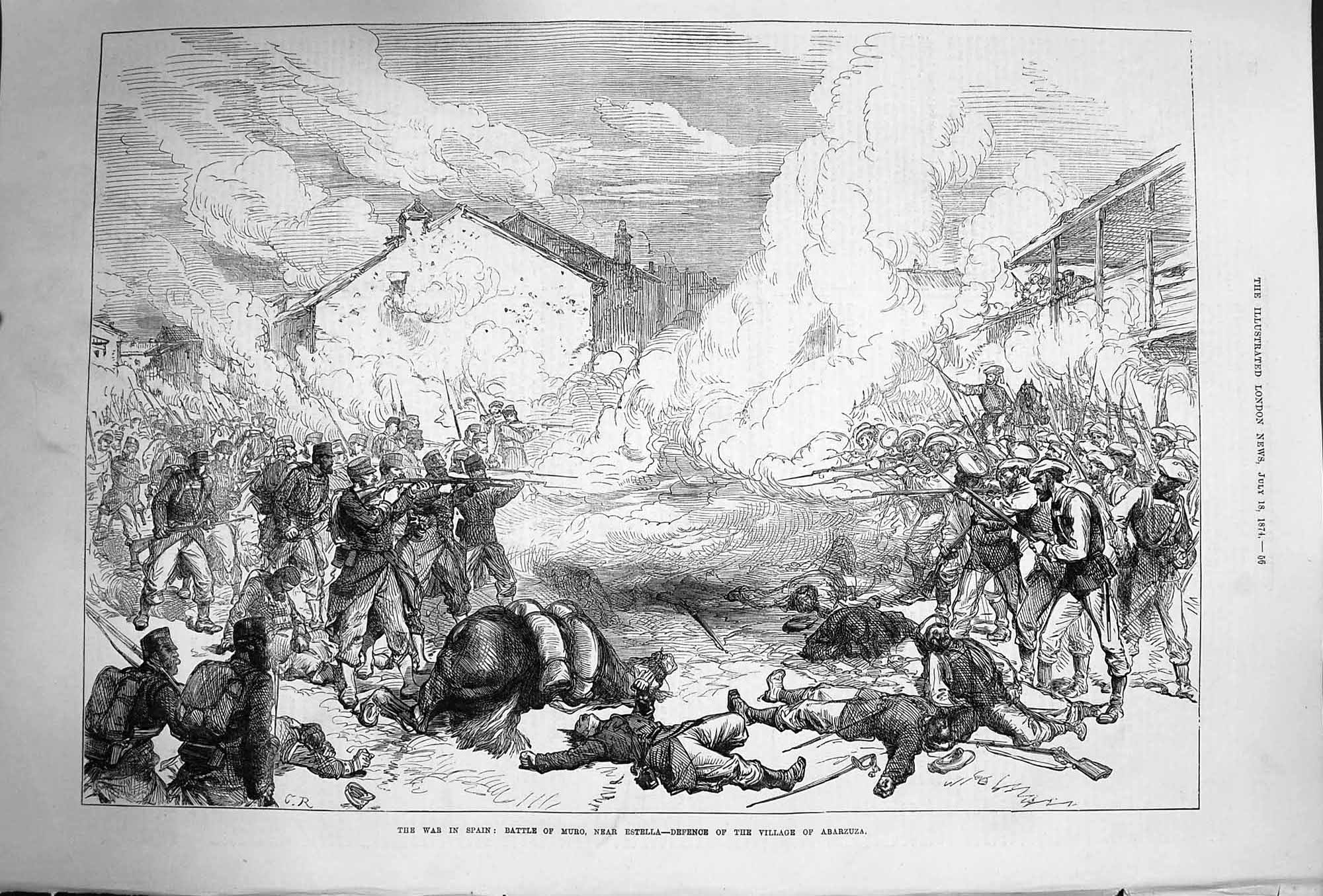 Original Old Antique Print 1874 War Spain Battle Muro Estella Defence Abarzuza