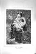 Old Antique Print 1874 Portrait Beautiful Lady Mother Children Bouguereau 19th