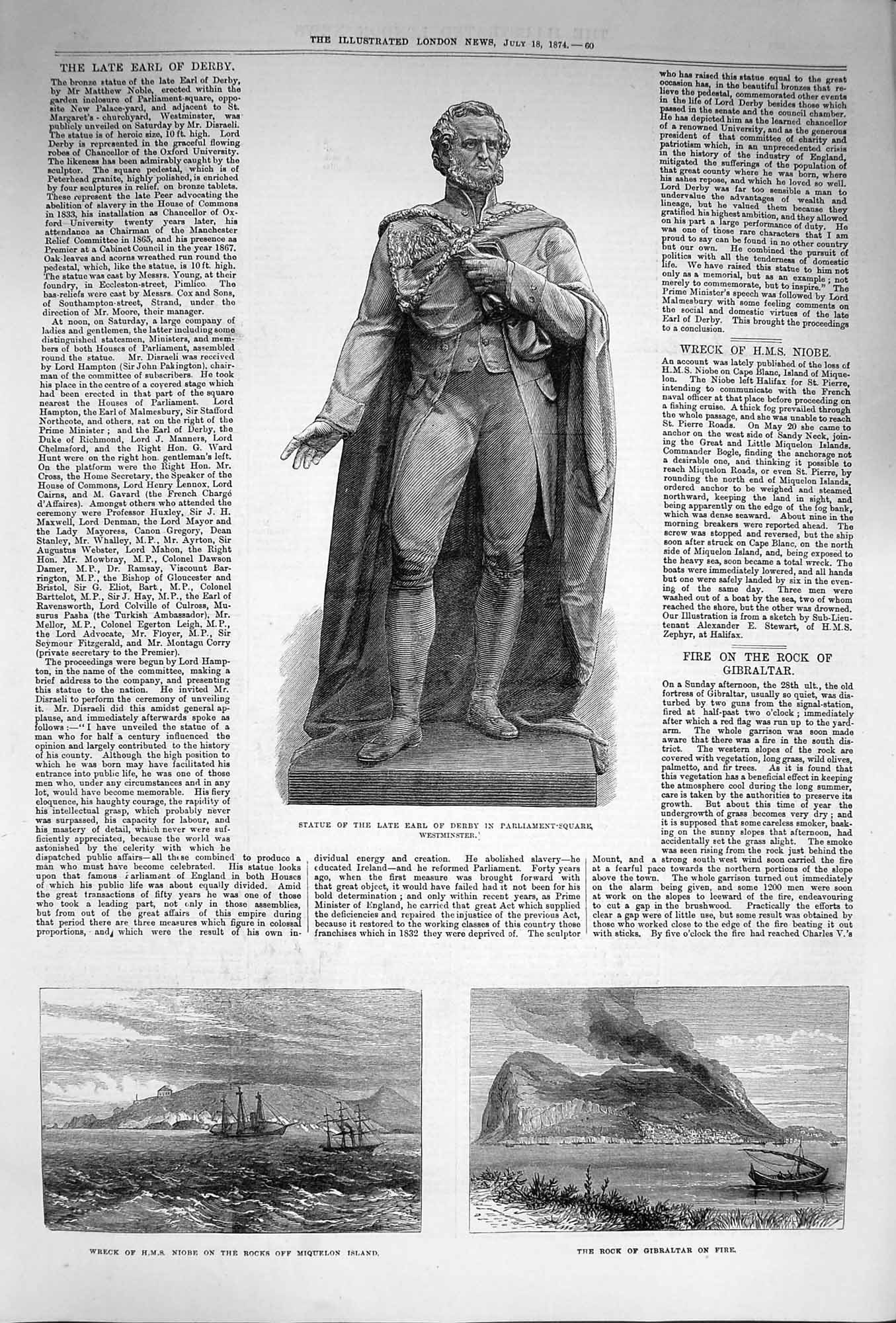 Old Antique Print 1874 Statue Earl Derby Ship Wreck Niobe Rock Gibraltar 19th