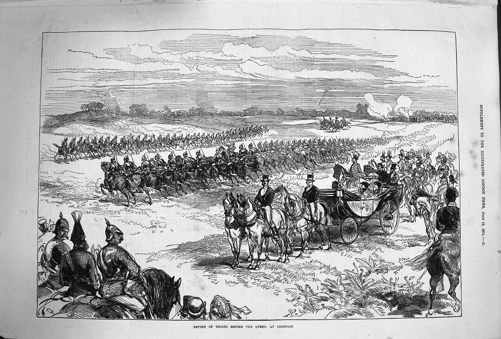 Original Old Antique Print 1874 Review Troops Siers Queen Chobham Horse Coach